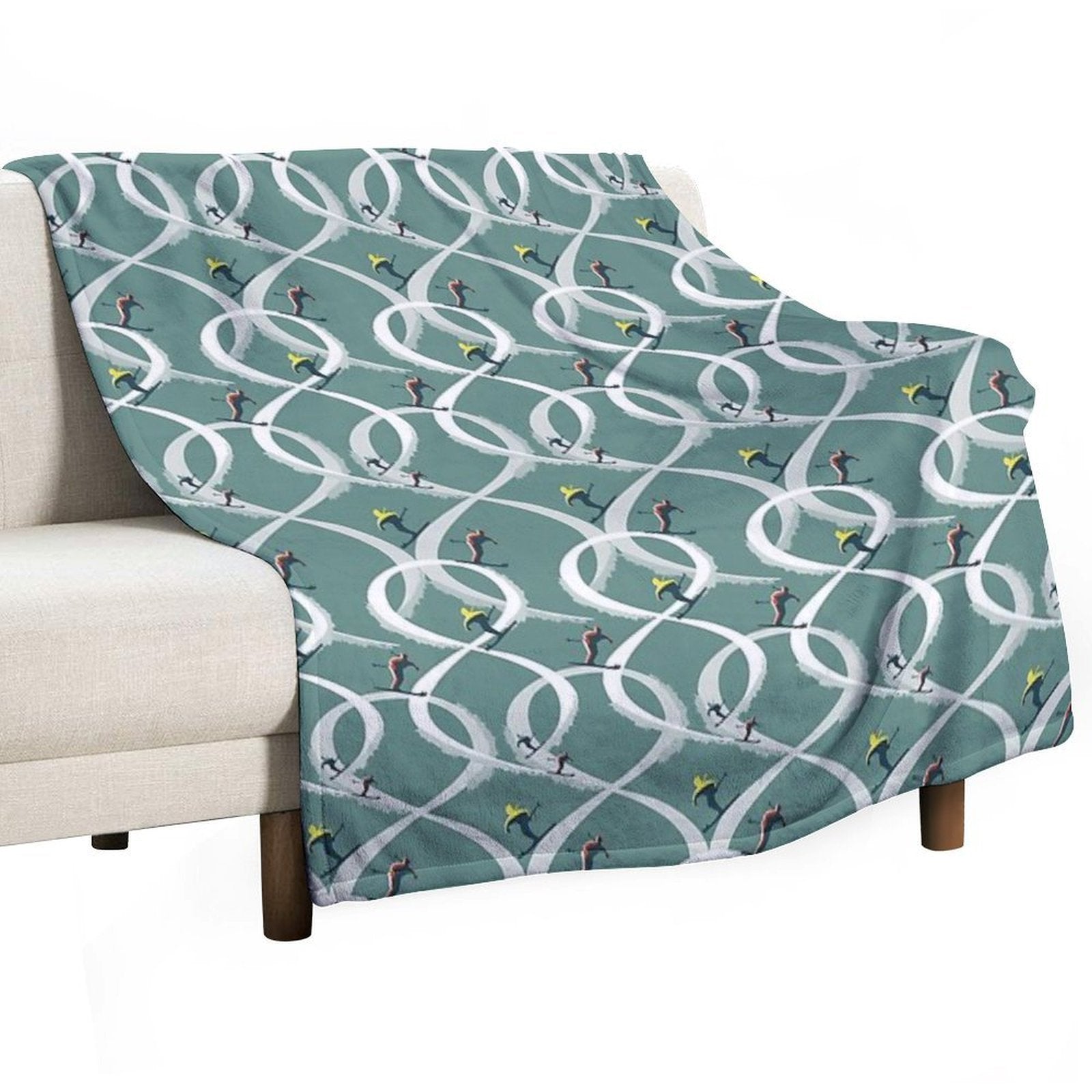 Mid Century Figure 8 Skiers in Retro Style on Teal Shrink-resistant Throw Blanket