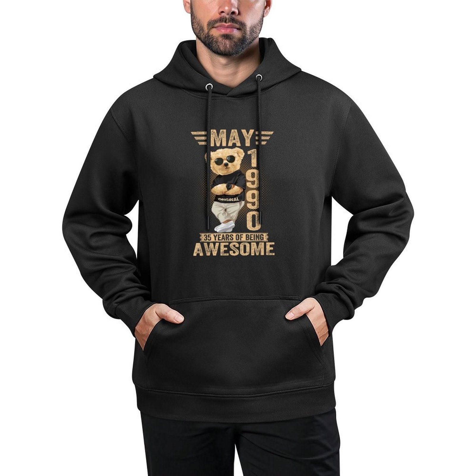 May 35th Birthday Men Women 1990 Awesome Teddy Bear Layering Staple Hoodie