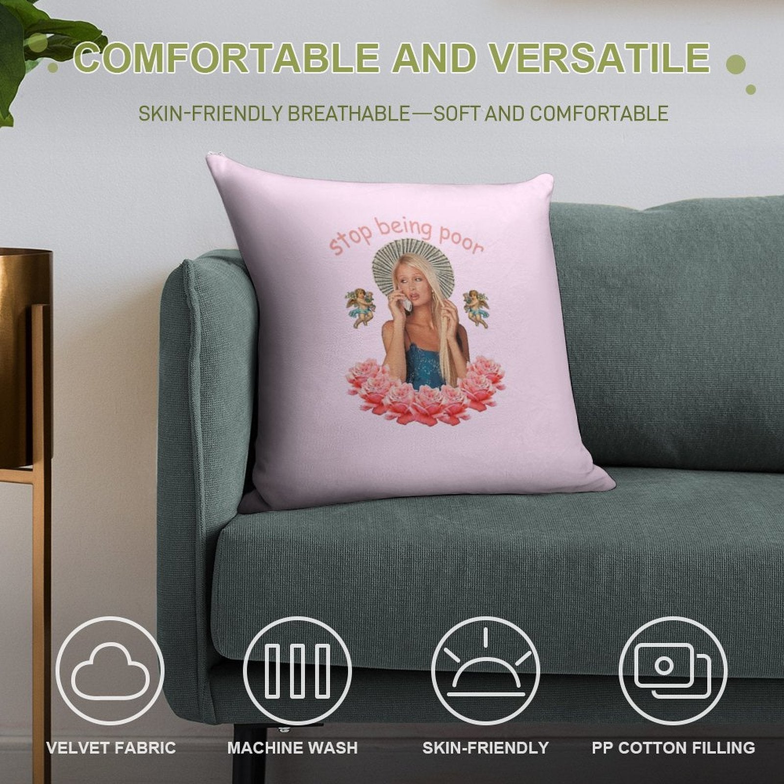 Paris Hilton 'Stop Being Poor' Soft Skin-Friendly Throw Pillow