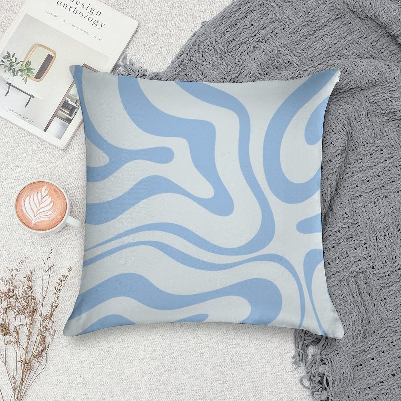 Retro Modern Liquid Swirl Abstract Pattern Square in Light Blue Soft Skin-Friendly Throw Pillow
