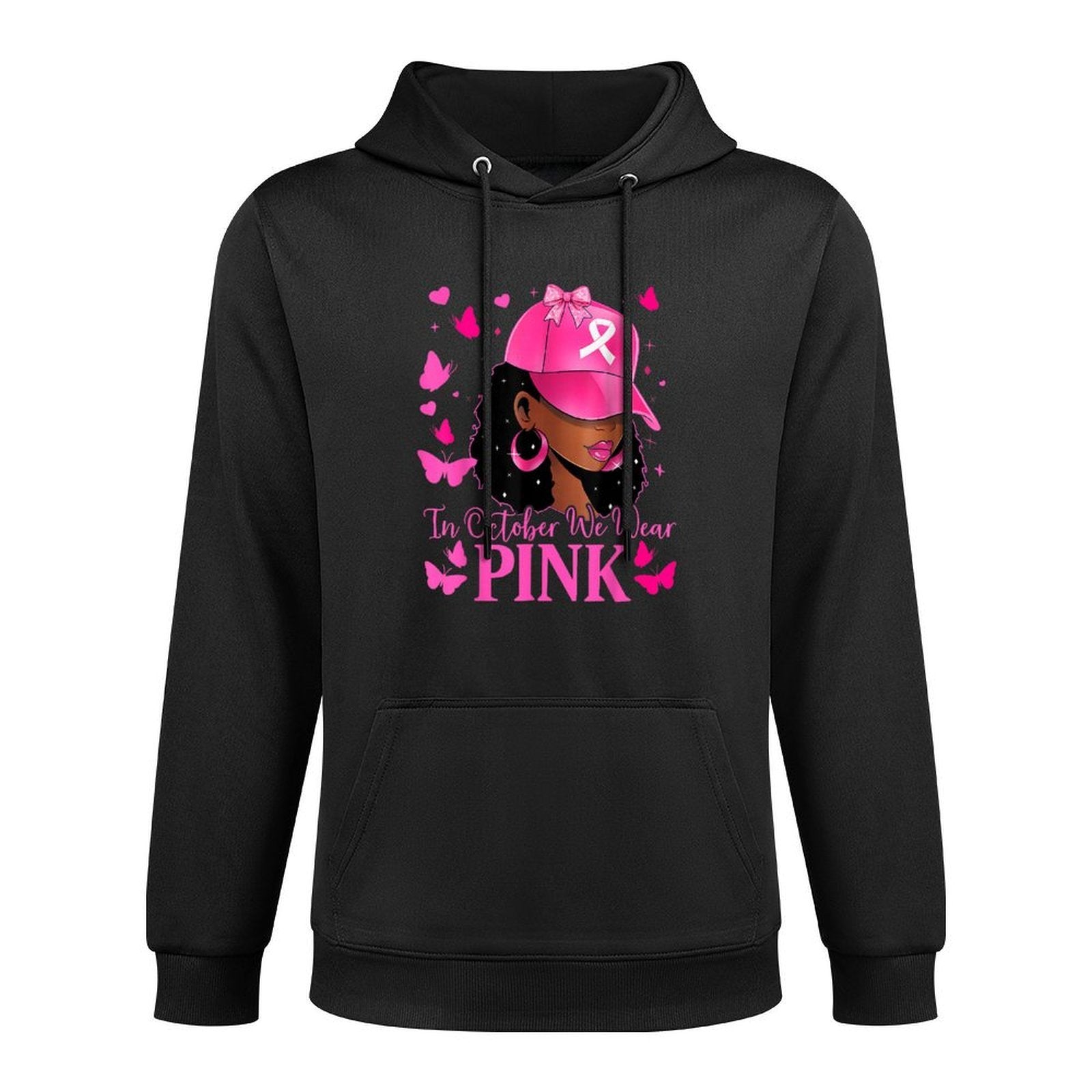 in October We Wear Pink Black Women Breast Cancer Awareness Cotton-Polyester Blend Hoodie