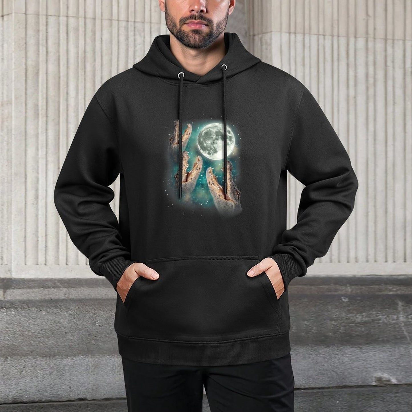 Three Gators Howl At Moon  Magical Animal Wild 3 Crocodile Breathable Fabric Hoodie
