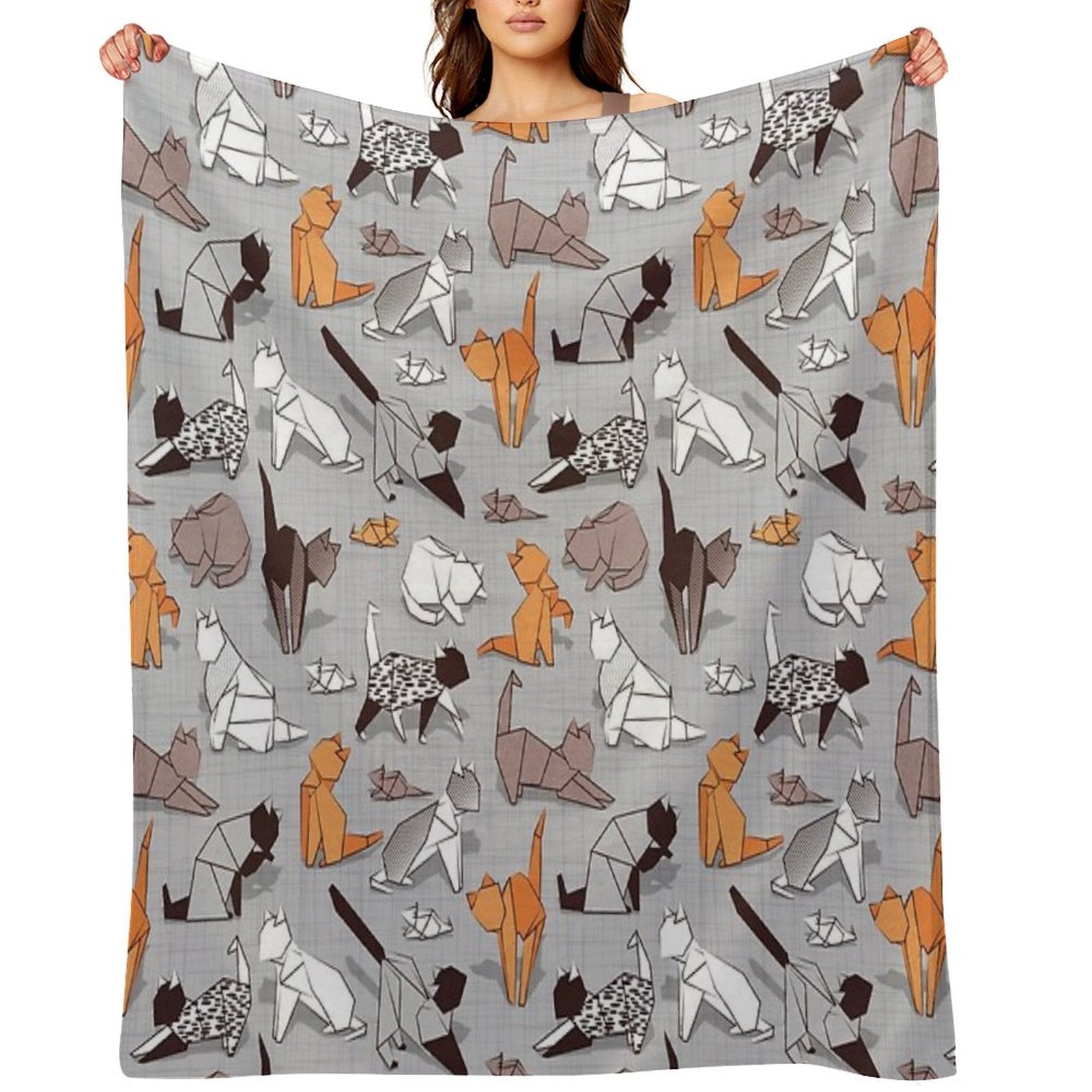 Origami Kitten Friends  Grey Linen Texture Background Paper Cats Sustainable Throw Blanket