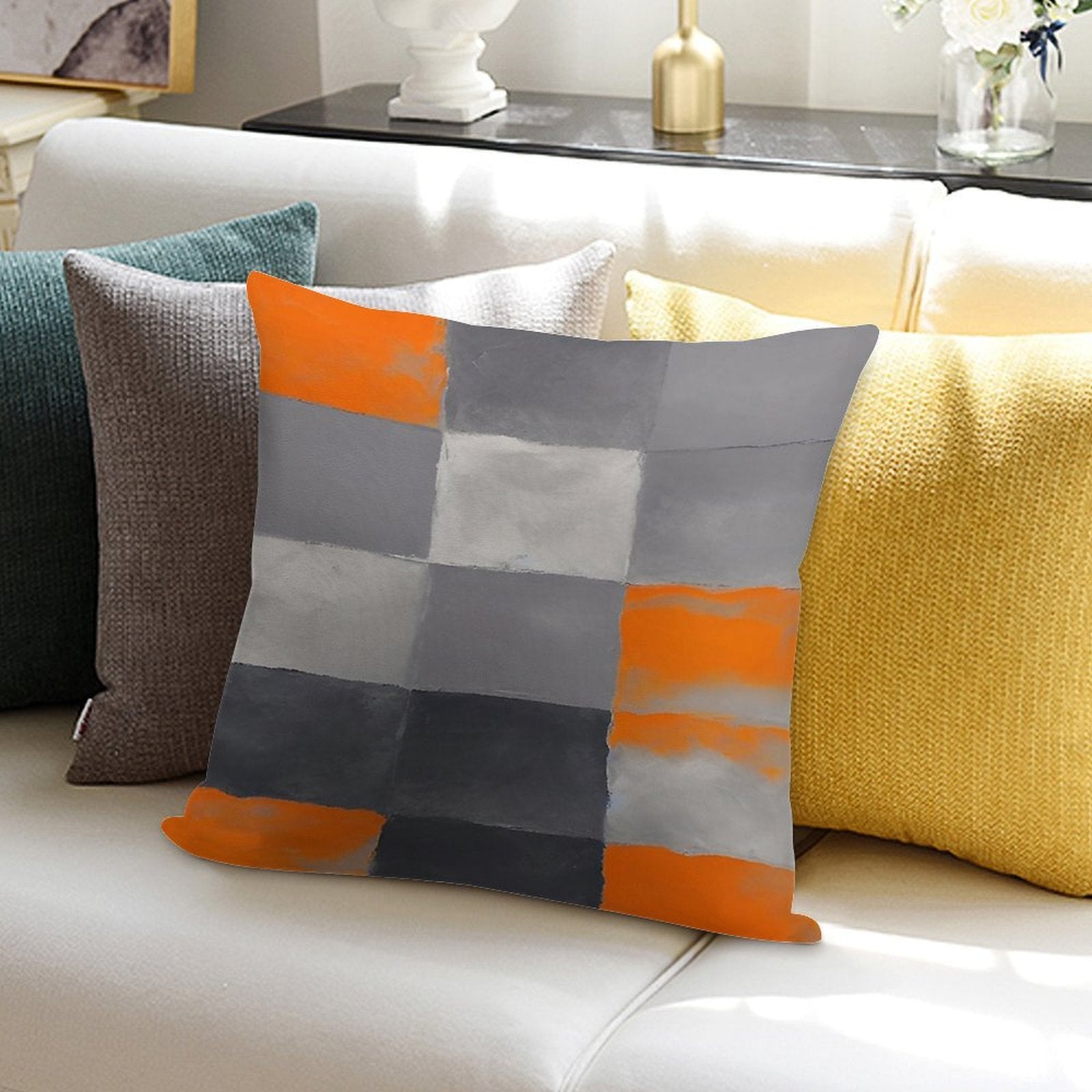 Orange Black And Gray Geometric Rectangular Plaid Soft Shrink-Resistant Throw Pillow