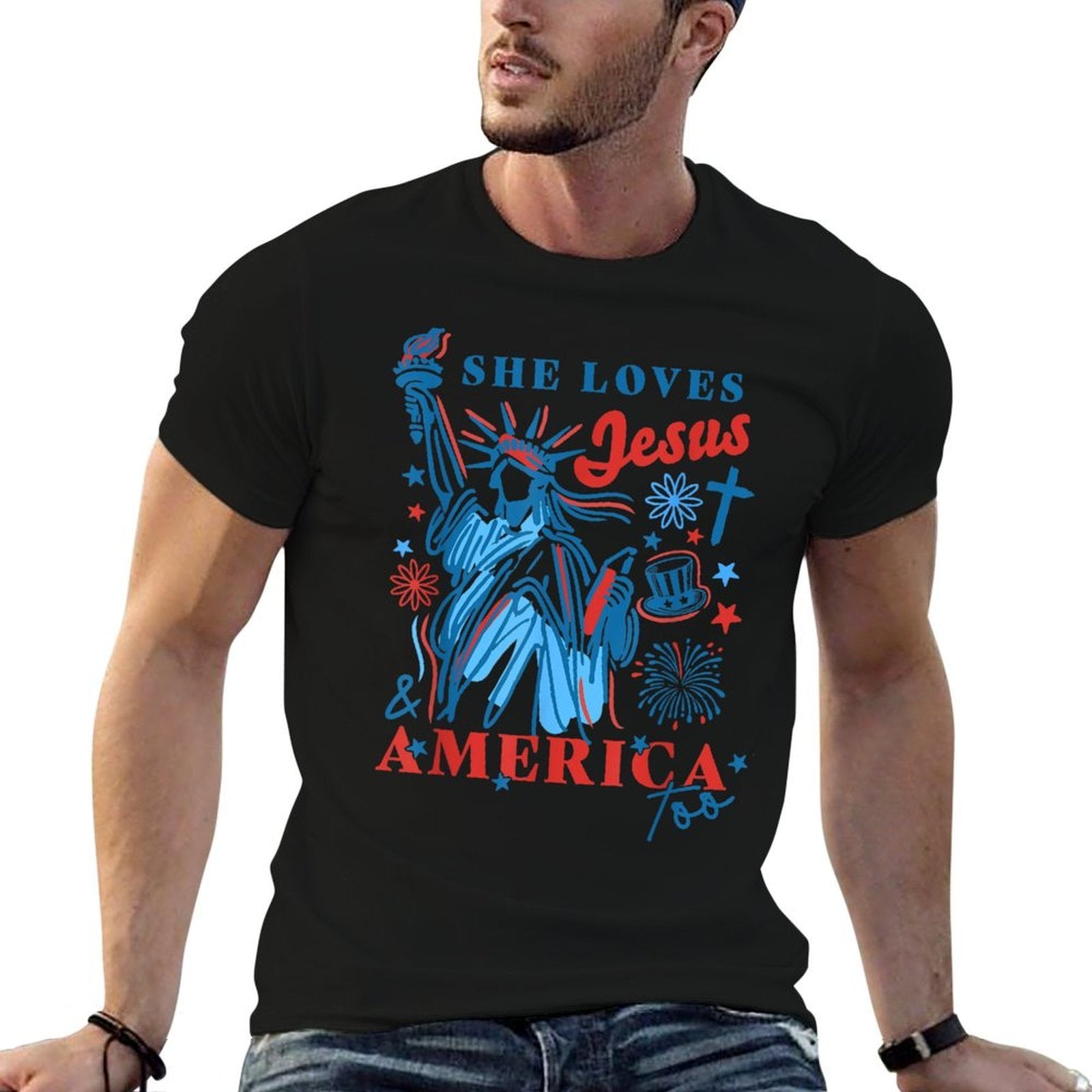 She Loves Jesus And America Too Statue Of Liberty 4th July  Oversized Silhouette T-Shirt