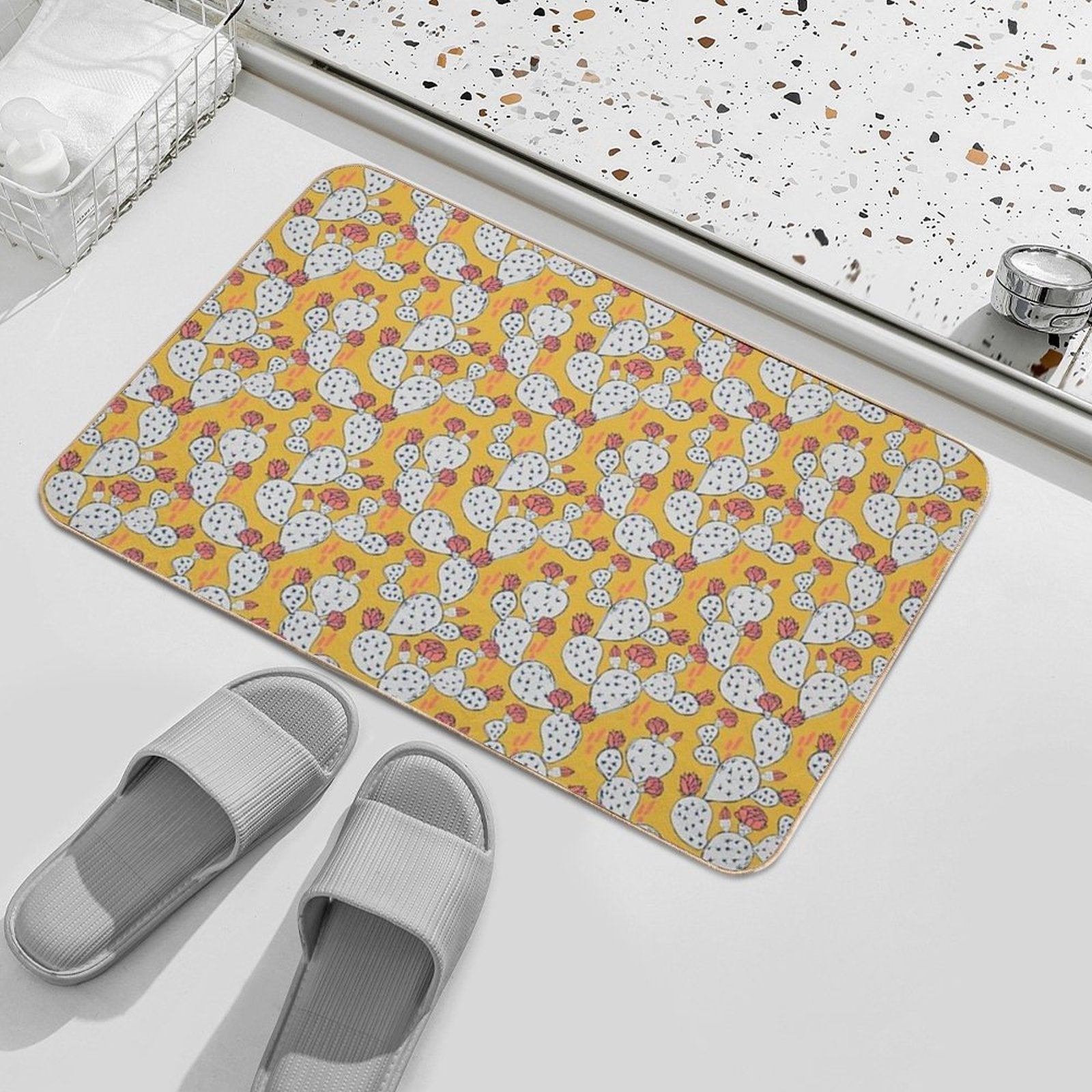 Coral Flowering Cactus on Mustard Yellow  Multi-Purpose Bath Mat