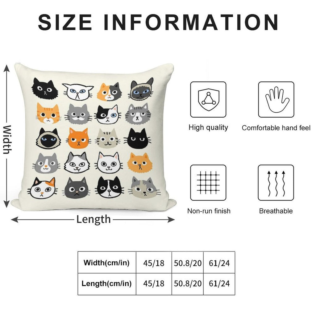 Assorted Cat Faces  Cute Quirky Kitty Cat Drawings Soft Luxury Feel Throw Pillow