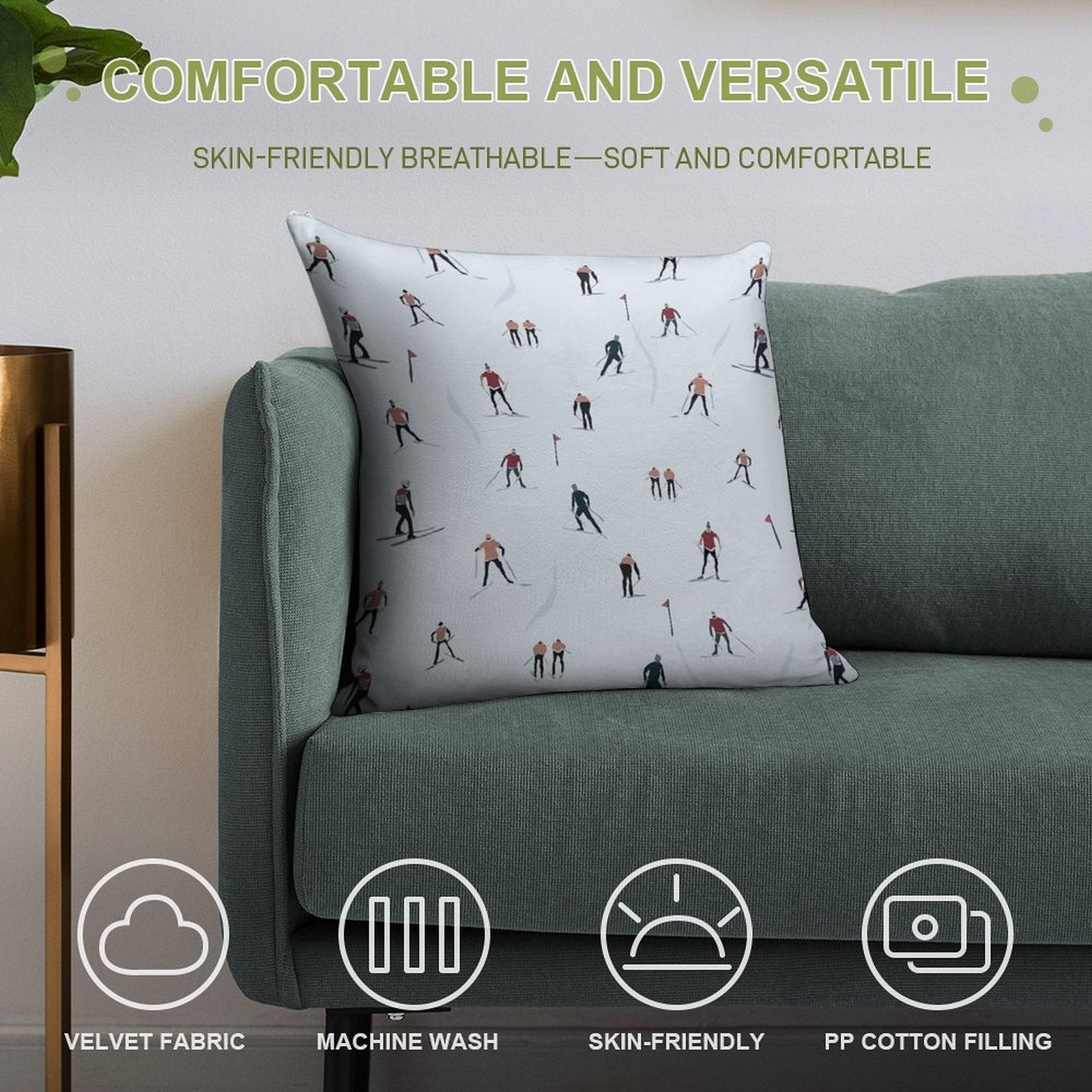 Skier Print Soft Luxury Feel Throw Pillow