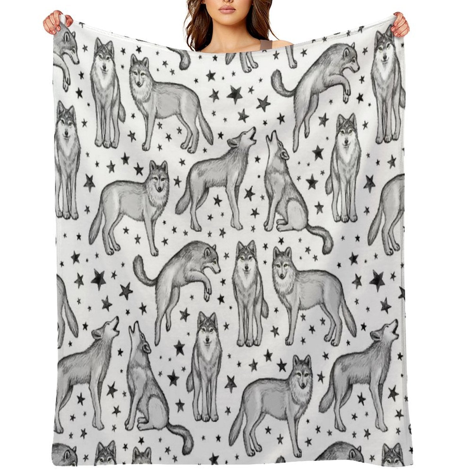 Wolves And Stars on White Quick-dry Throw Blanket