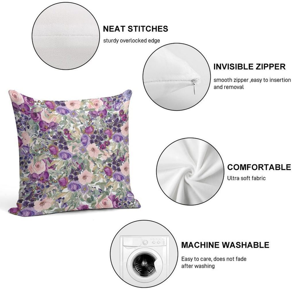 Pink Purple Watercolor Floral Botanical Soft Shrink-Resistant Throw Pillow