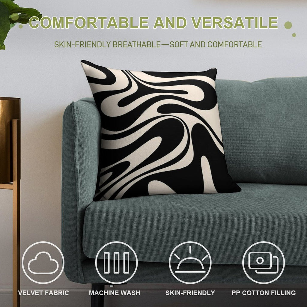 Retro Fantasy Swirl Abstract in Black And Almond Cream Soft Fade-Resistant Throw Pillow