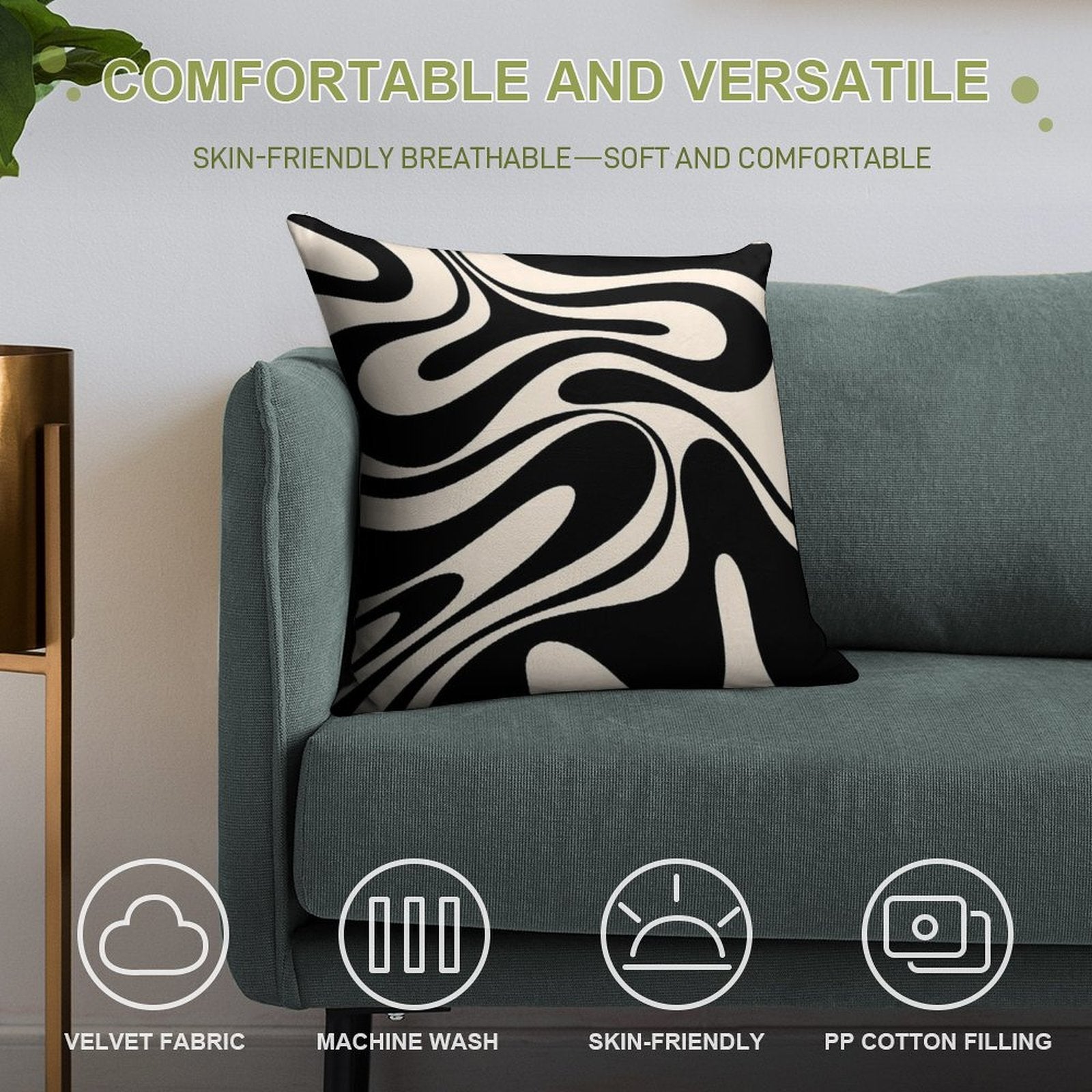 Retro Fantasy Swirl Abstract in Black And Almond Cream Soft Fade-Resistant Throw Pillow