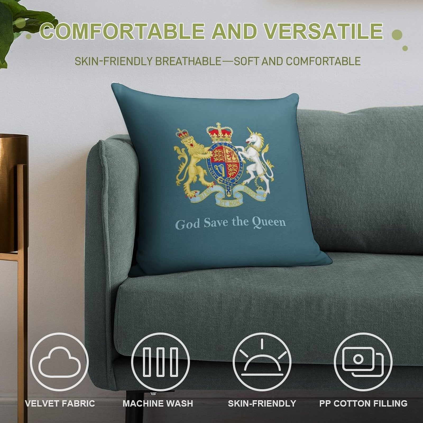 Royal Coat of Arms, Queen Elizabeth, British Monarchy Soft Gift Ready Throw Pillow