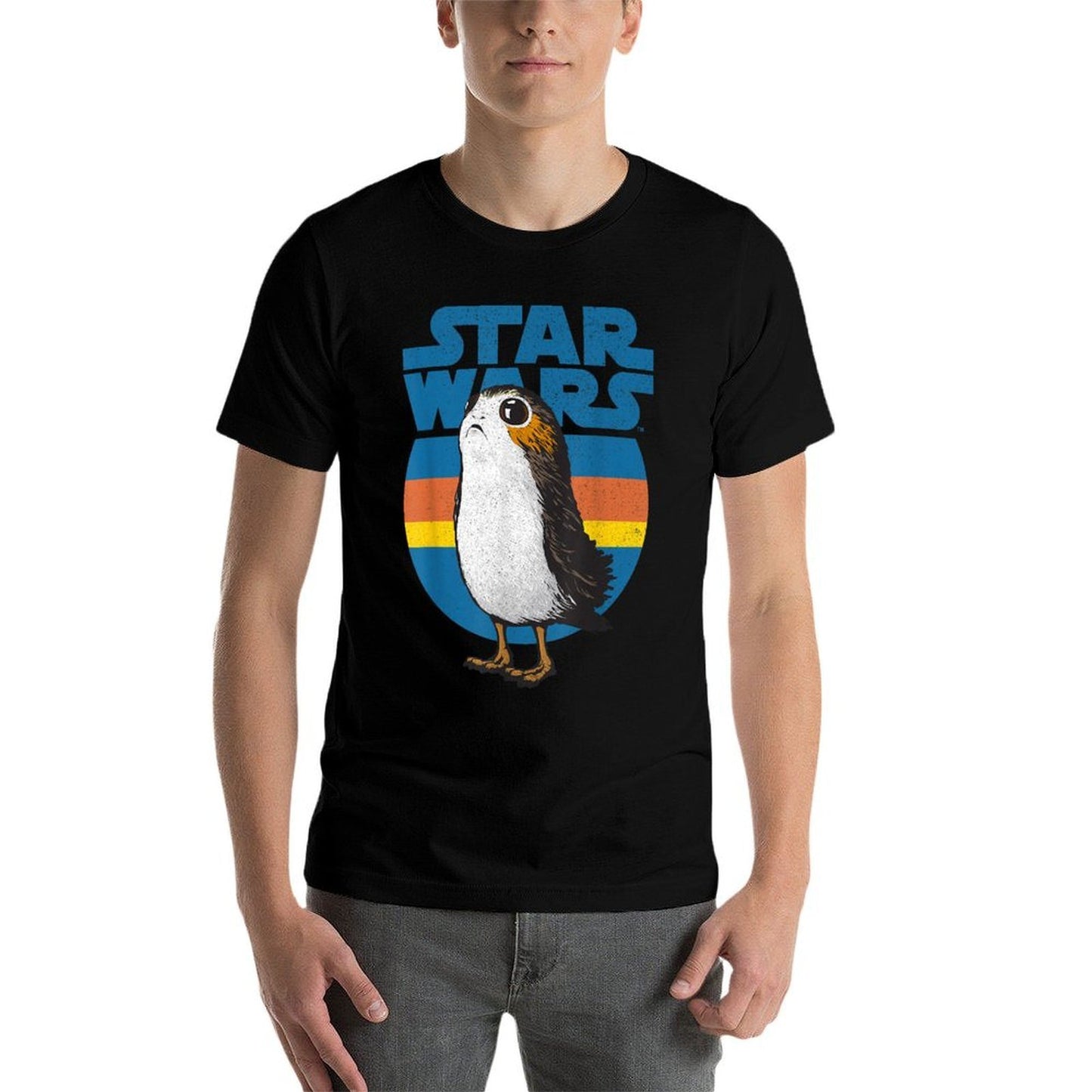 Star Wars Last Jedi Porg Retro Stripes Logo Graphic  Ribbed Collar T-Shirt