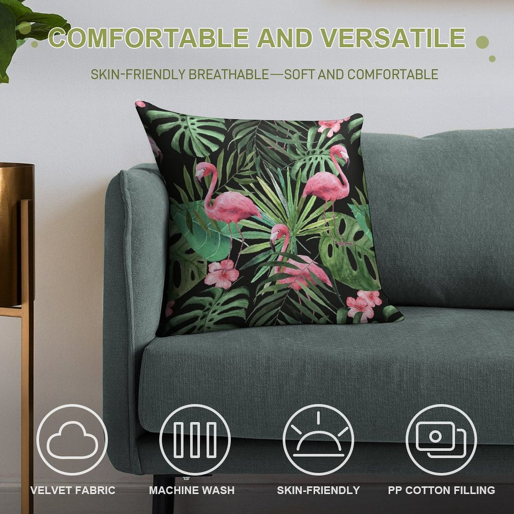 Palm Leave With Flamingo Pattern Soft Short Plush Fabric Throw Pillow