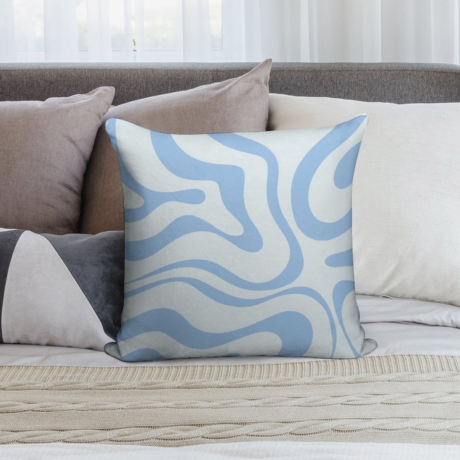 Retro Modern Liquid Swirl Abstract Pattern Square in Light Blue Soft Skin-Friendly Throw Pillow