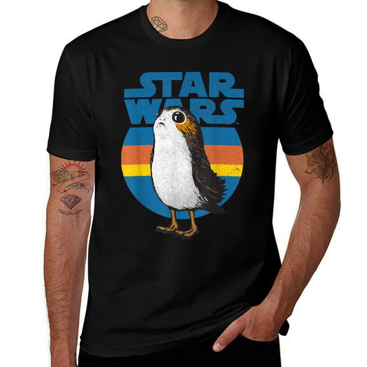 Star Wars Last Jedi Porg Retro Stripes Logo Graphic  Ribbed Collar T-Shirt