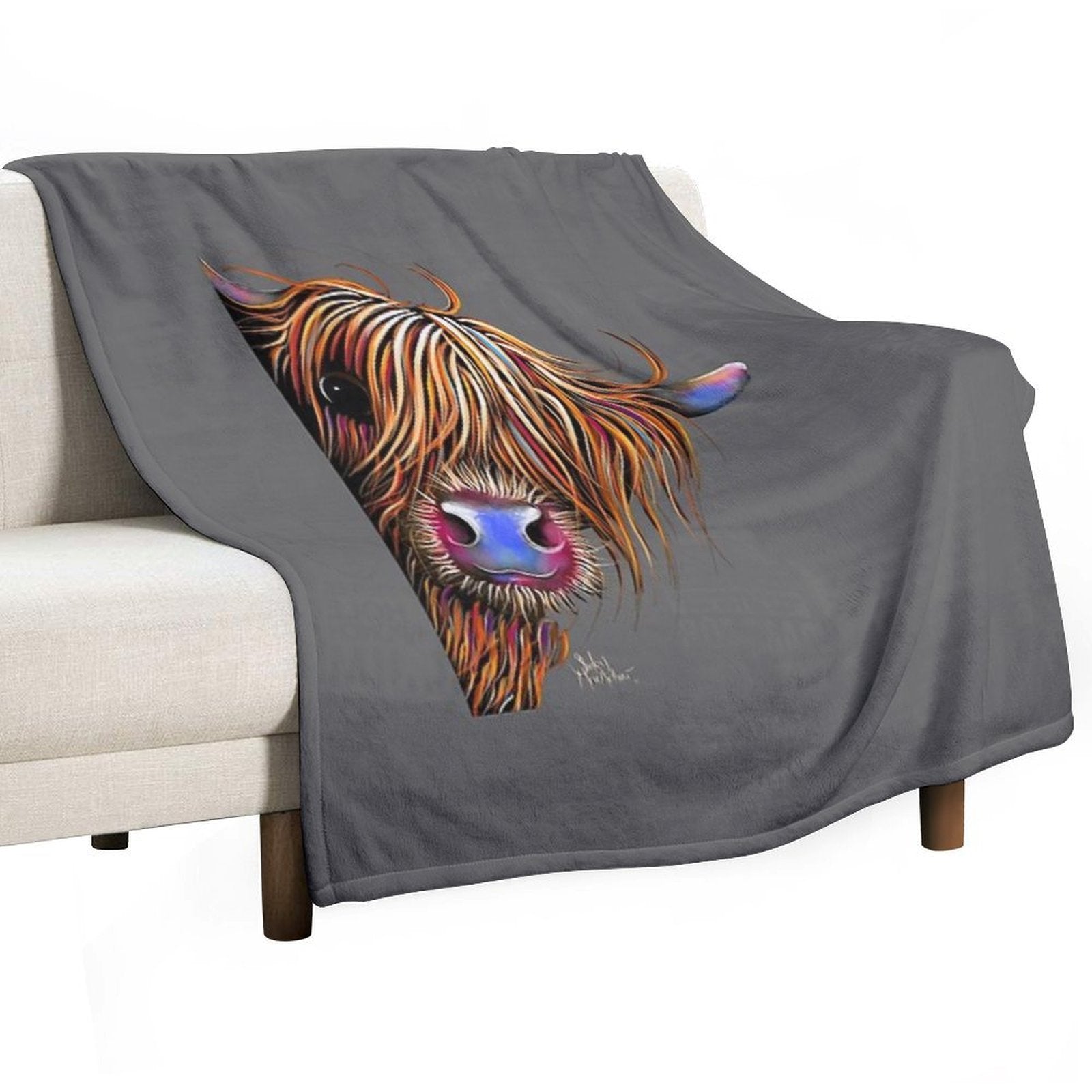HiGHLaND CoW PRiNT SCoTTiSH ' SuGaR LuMP ON GReY ‘ BY SHiRLeY MacARTHuR Gift-ready Throw Blanket