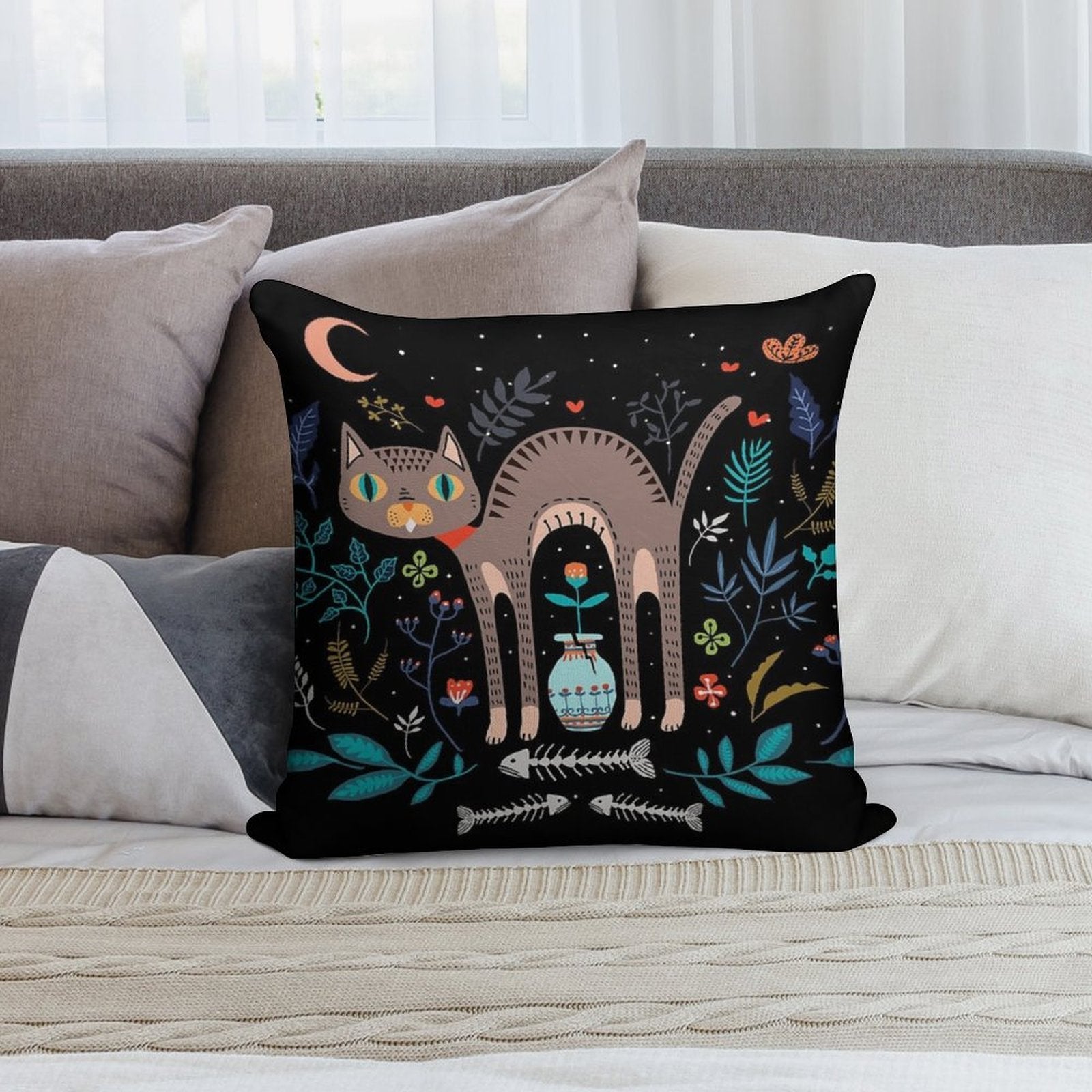 Floral And Cat at Night Soft Multiple Sizes Throw Pillow