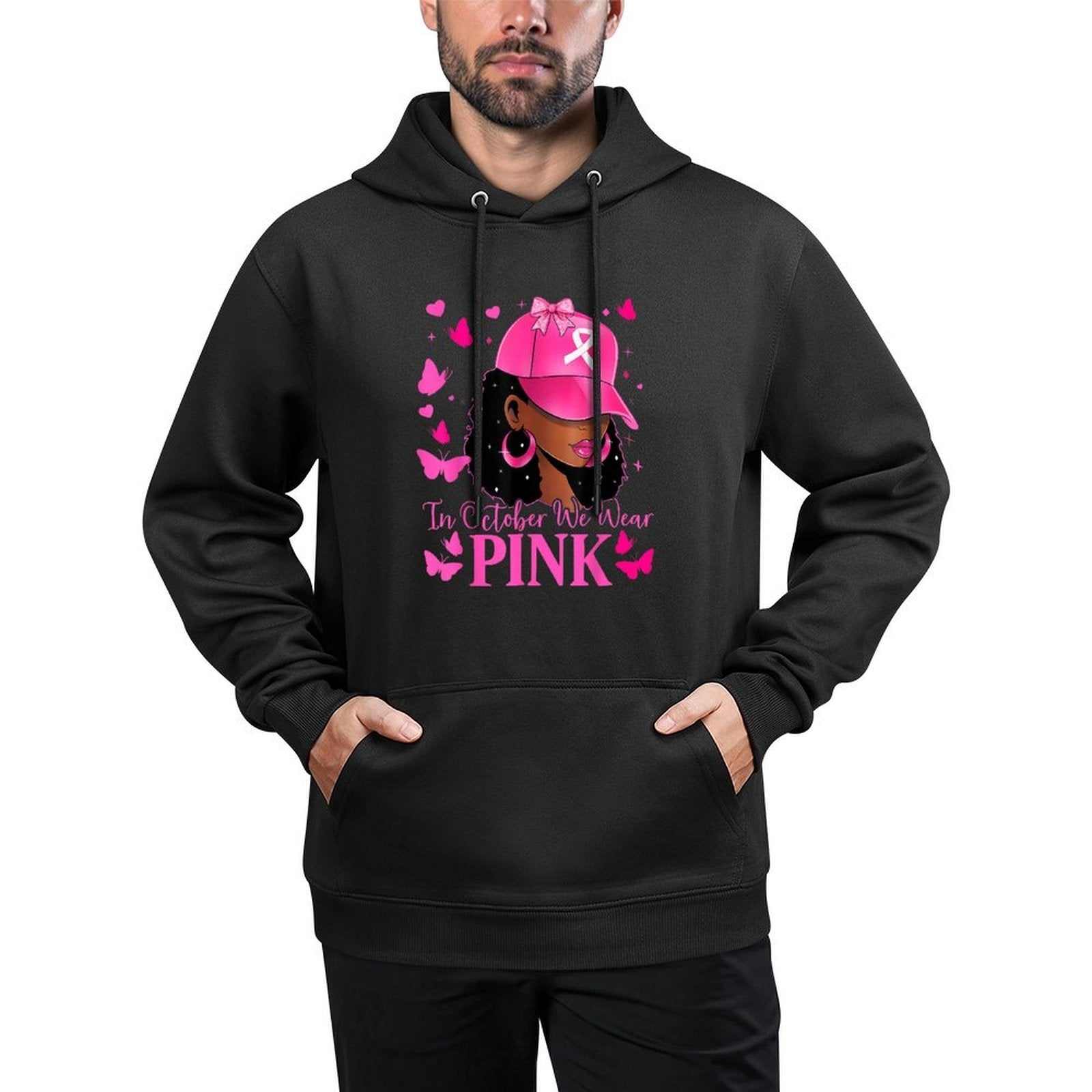 in October We Wear Pink Black Women Breast Cancer Awareness Cotton-Polyester Blend Hoodie