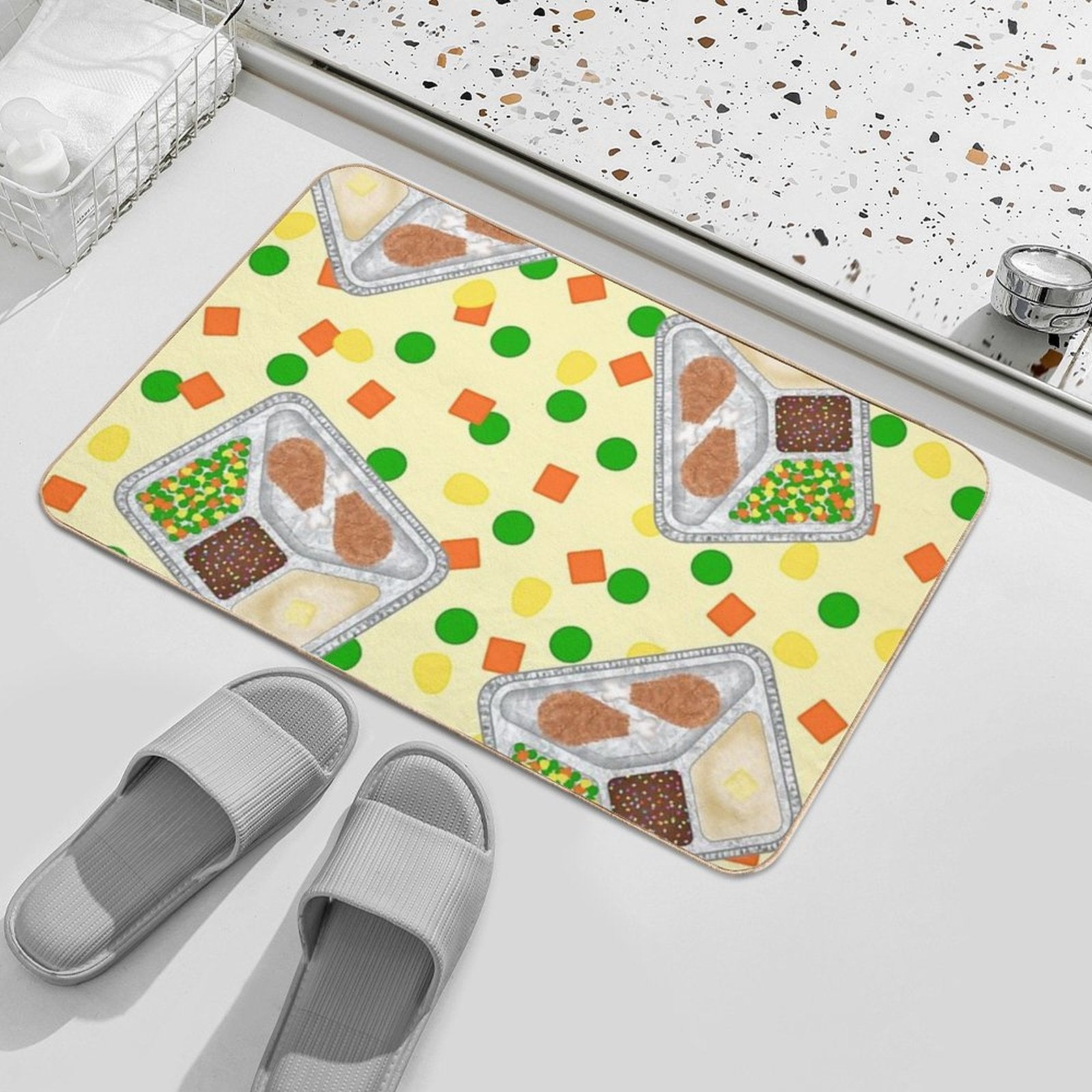 Retro 80’s TV Dinner Tray Food Fried Chicken Peas Corn Carrots On Light Pastel Yellow  Dirt-Trapping Bath Mat