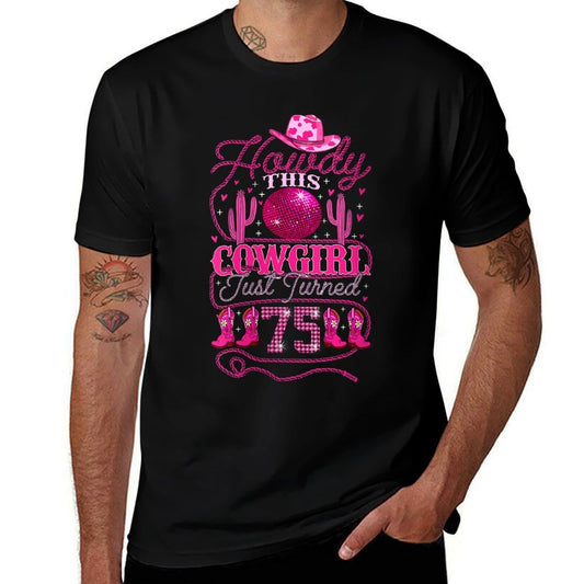 Womens Howdy Cowboy Hat Womens Pink Boots Disco Ball 75th Birthday  Polyester Blend T-Shirt