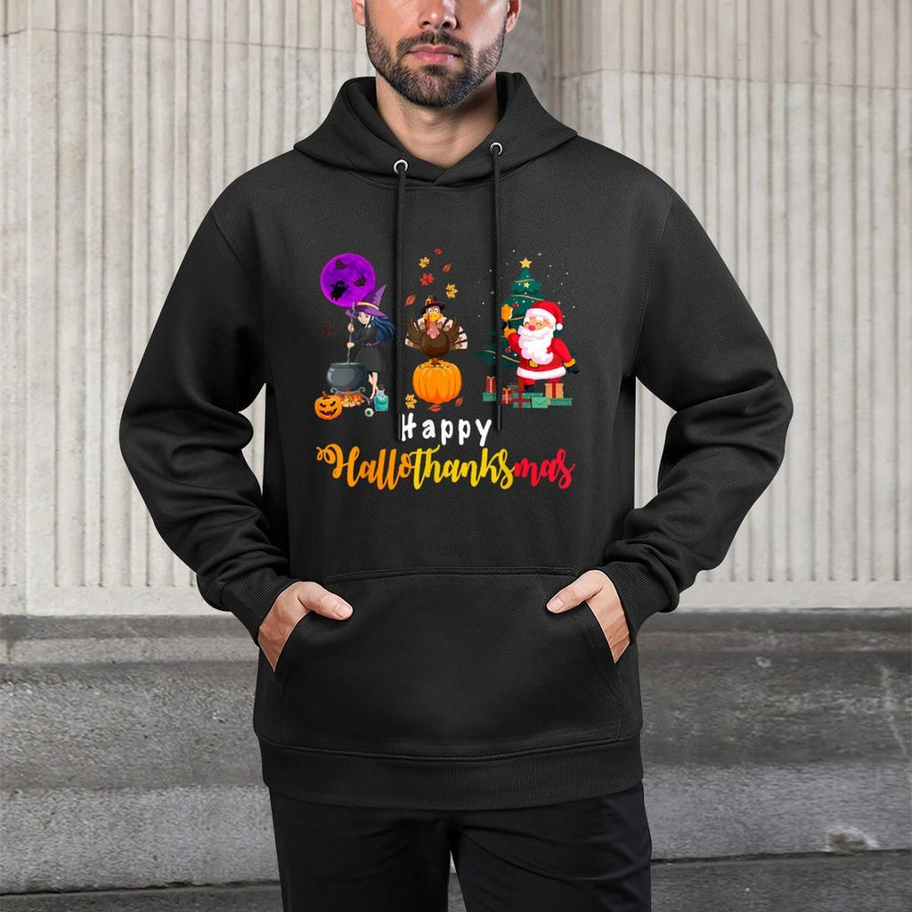 Happy Hallothanksmas Halloween Thanksgiving Merry Christmas Adjustable Hood Hoodie
