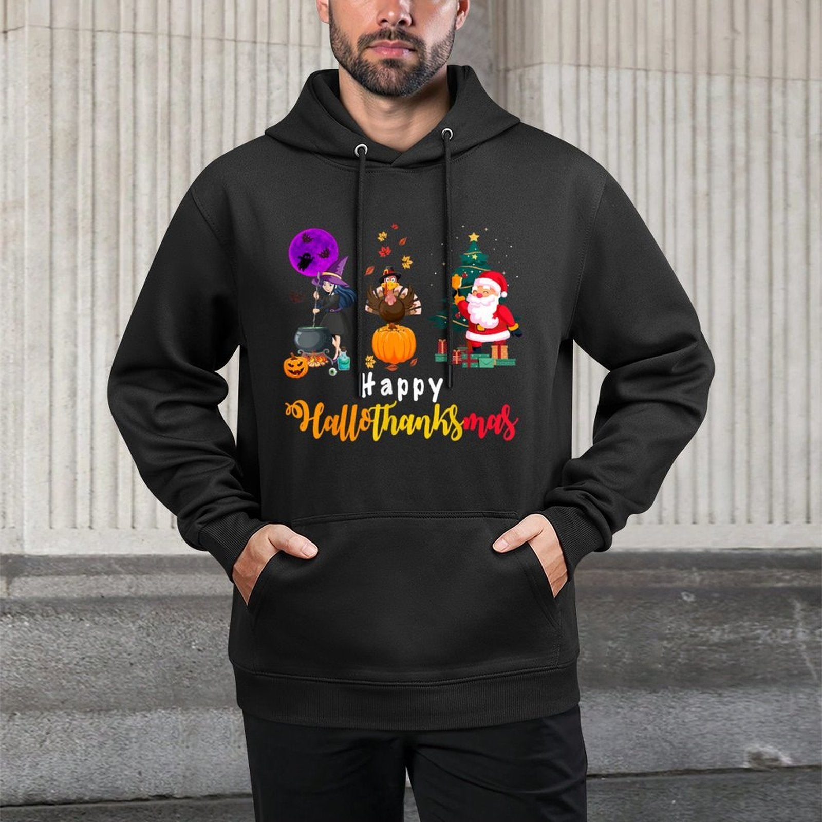 Happy Hallothanksmas Halloween Thanksgiving Merry Christmas Adjustable Hood Hoodie