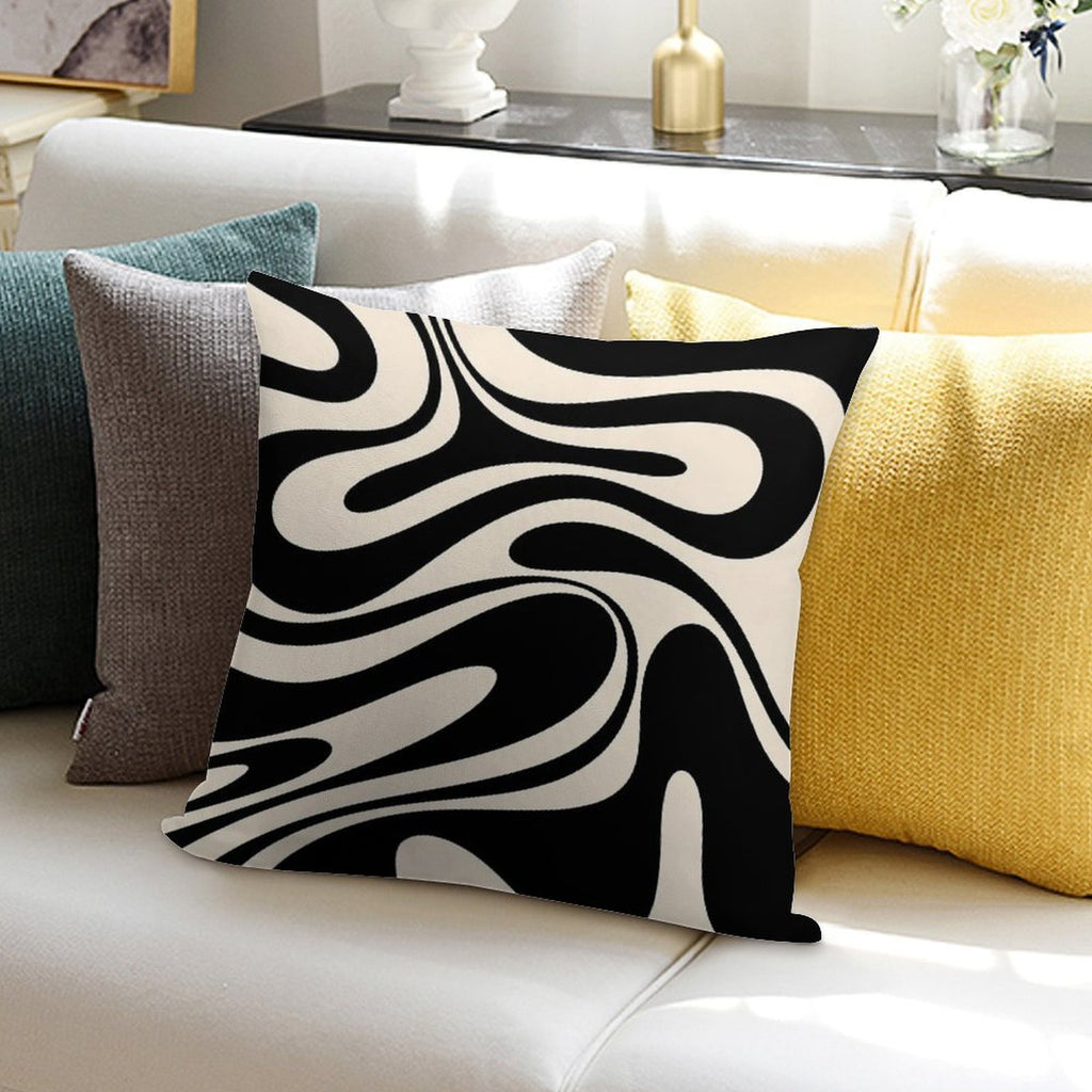 Retro Fantasy Swirl Abstract in Black And Almond Cream Soft Fade-Resistant Throw Pillow