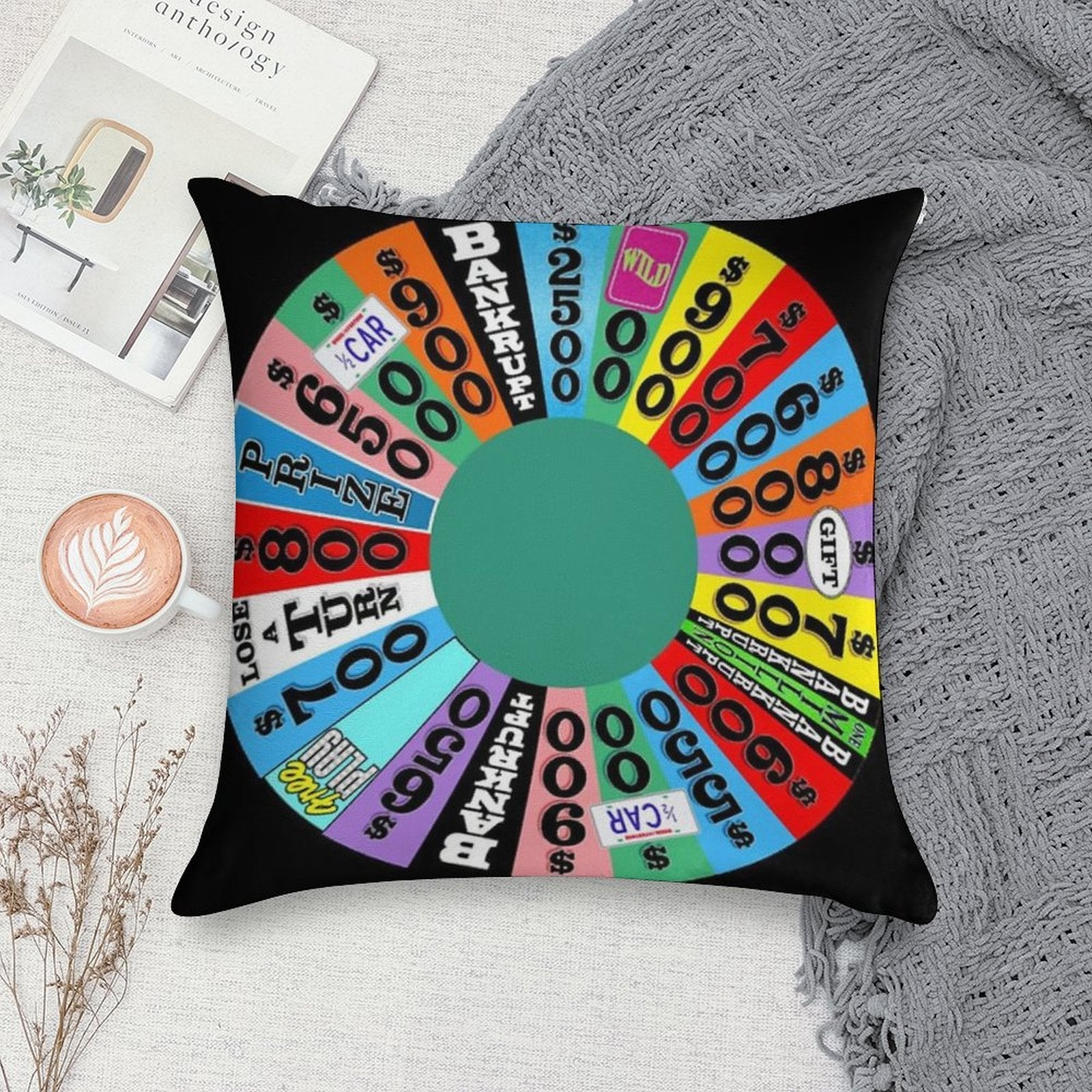 Wheel with Prizes, $ Amounts Soft Decorative Cover Throw Pillow