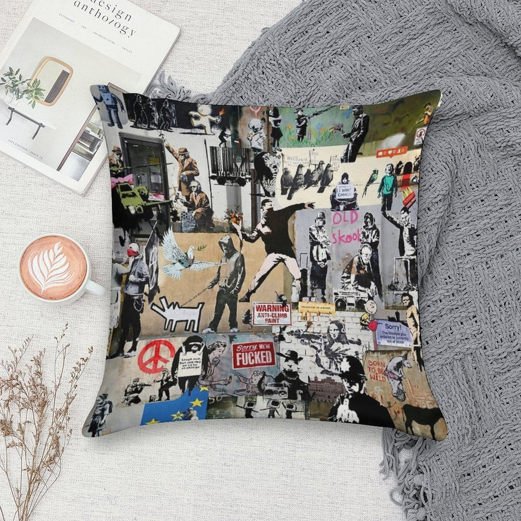 Banksy Collage Soft Washable Throw Pillow