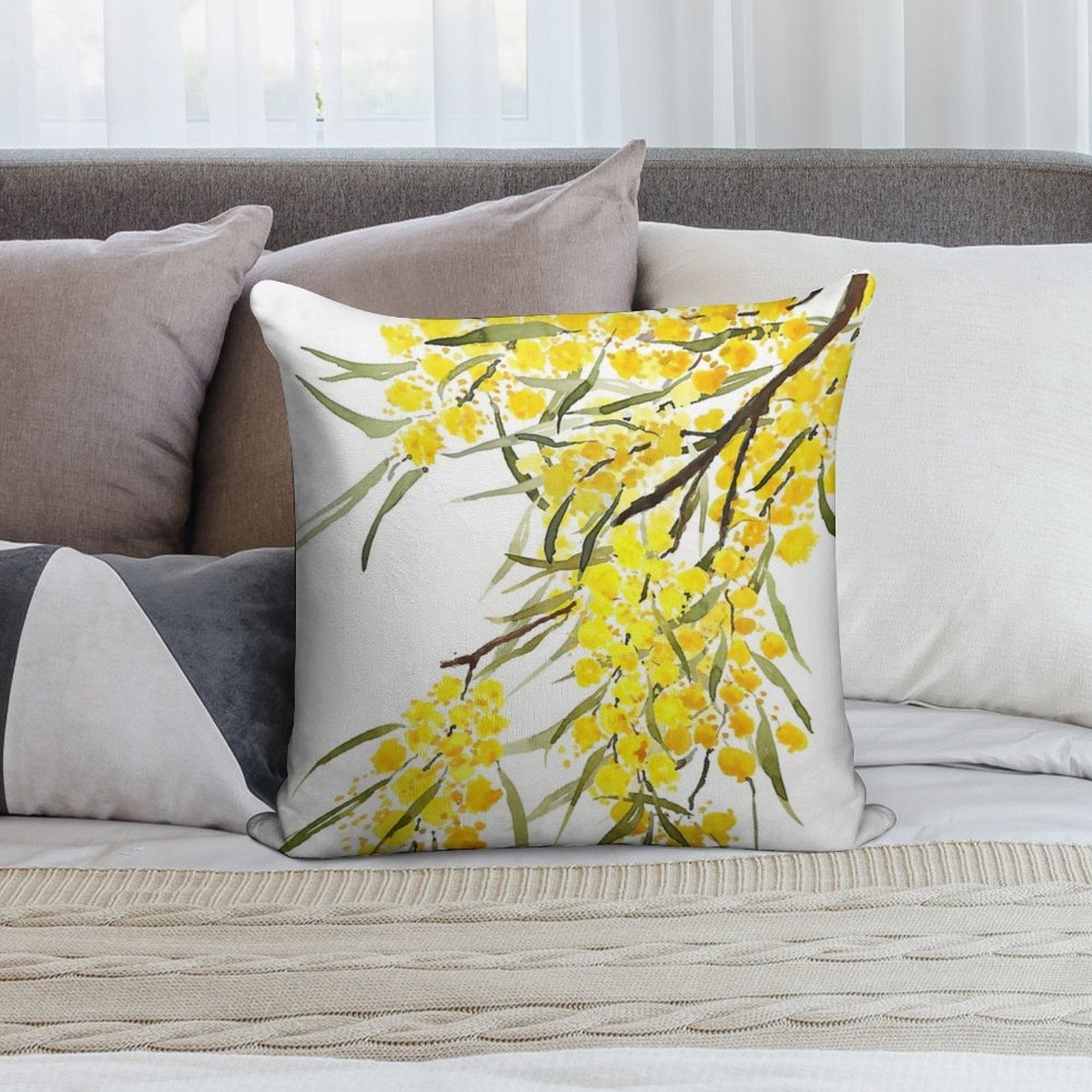 Hand Painted Golden Wattle Flower Watercolor Soft Multiple Sizes Throw Pillow