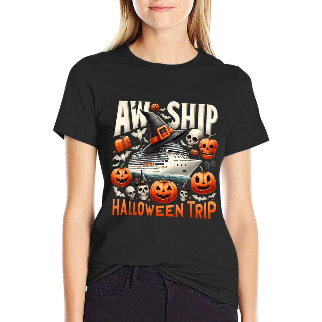 Aw Ship Halloween Trip Happy Halloween Spooky Pumpkin Cruise  Oversized Silhouette T-Shirt