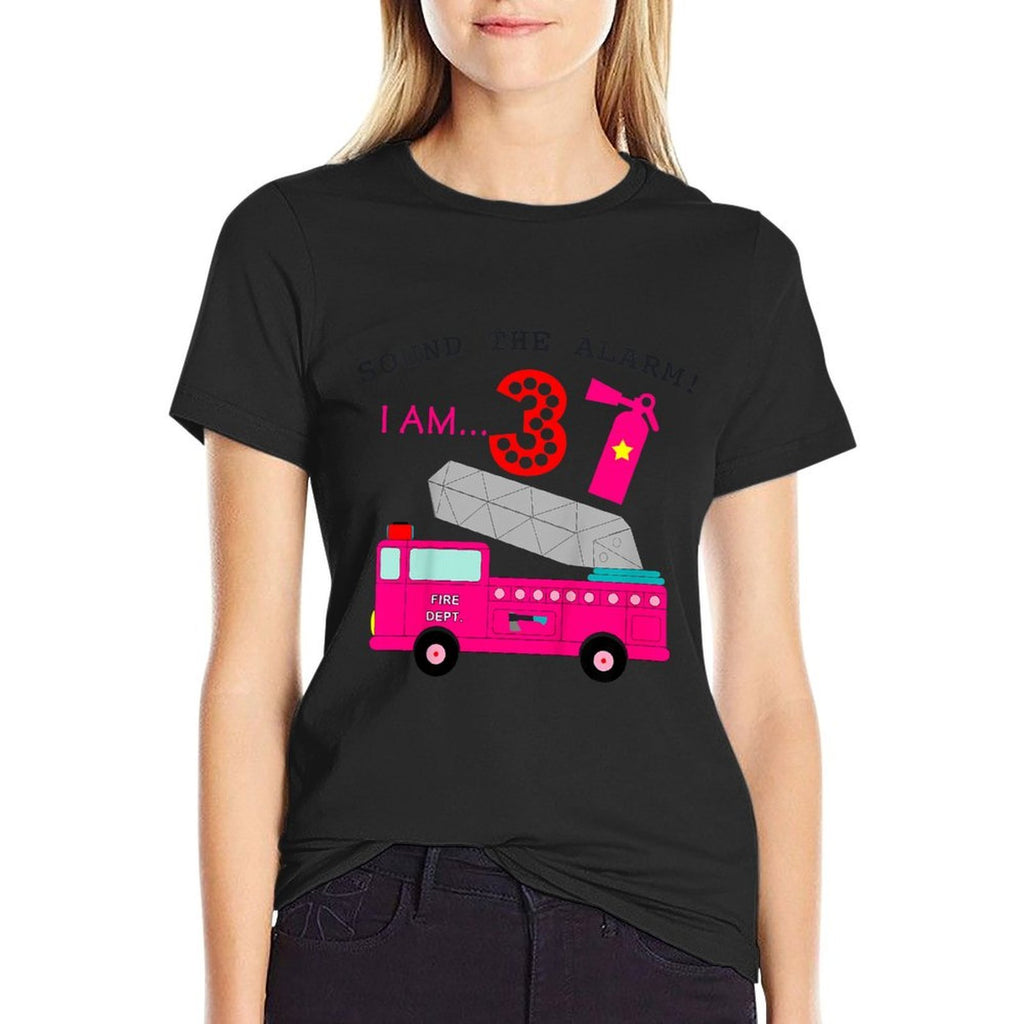 Kids Birthday Girls 3 Pink Fire Truck Three Year Old Third Party  Durable T-Shirt