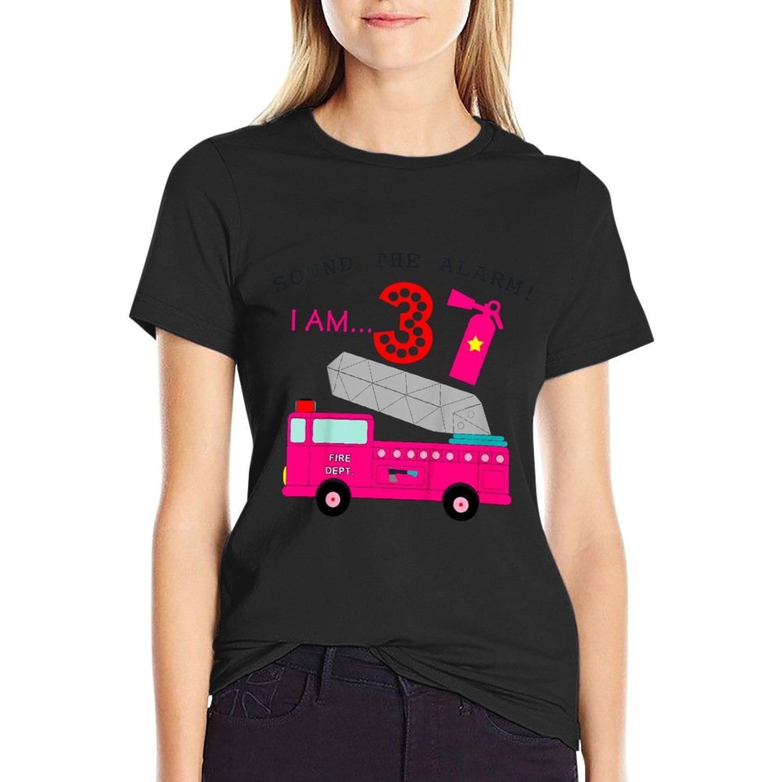Kids Birthday Girls 3 Pink Fire Truck Three Year Old Third Party  Durable T-Shirt