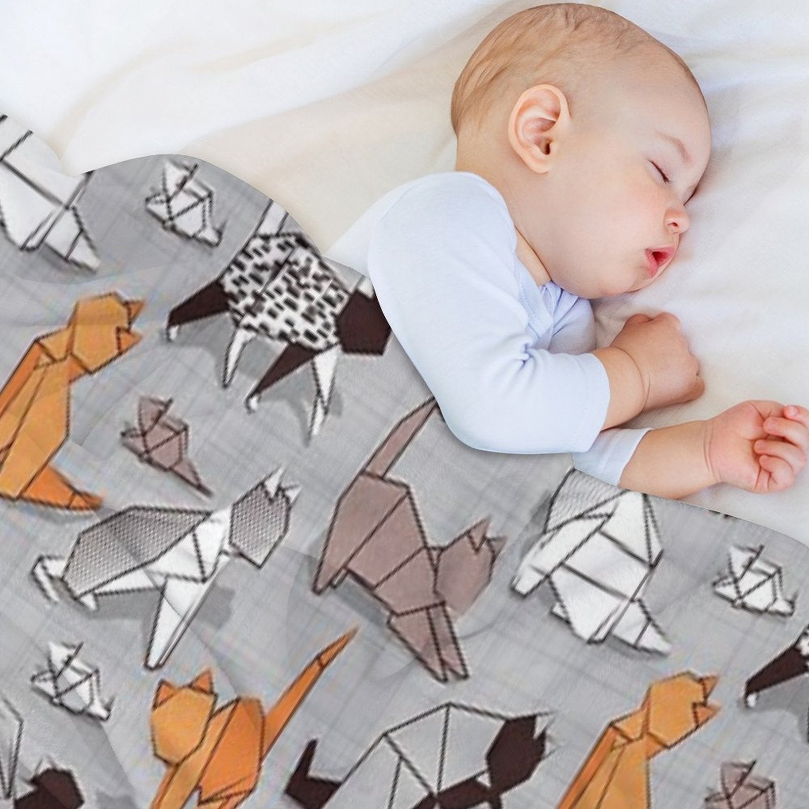 Origami Kitten Friends  Grey Linen Texture Background Paper Cats Sustainable Throw Blanket