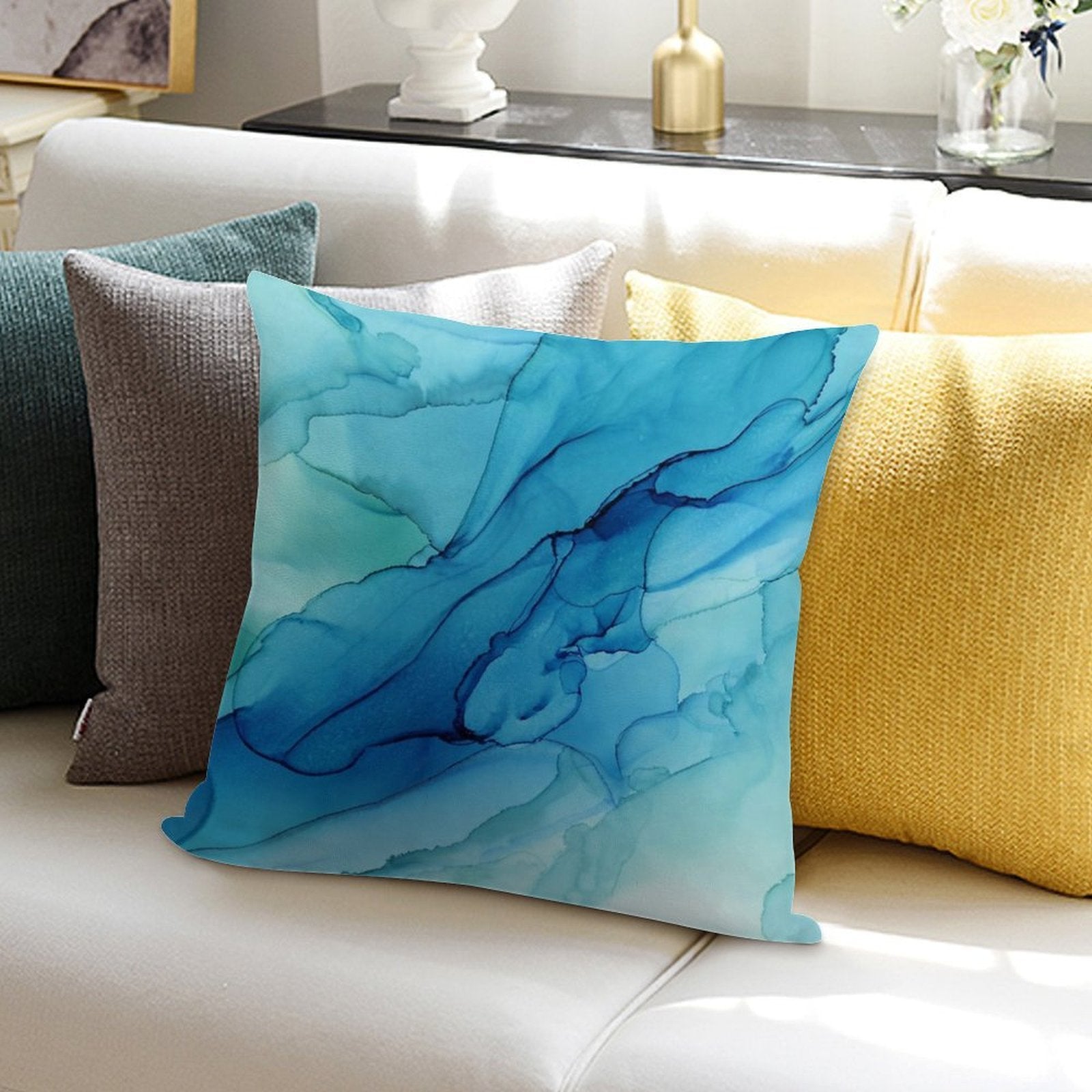 Blue Emerald Water Ombre Abstract Ink Soft Home Decor Throw Pillow