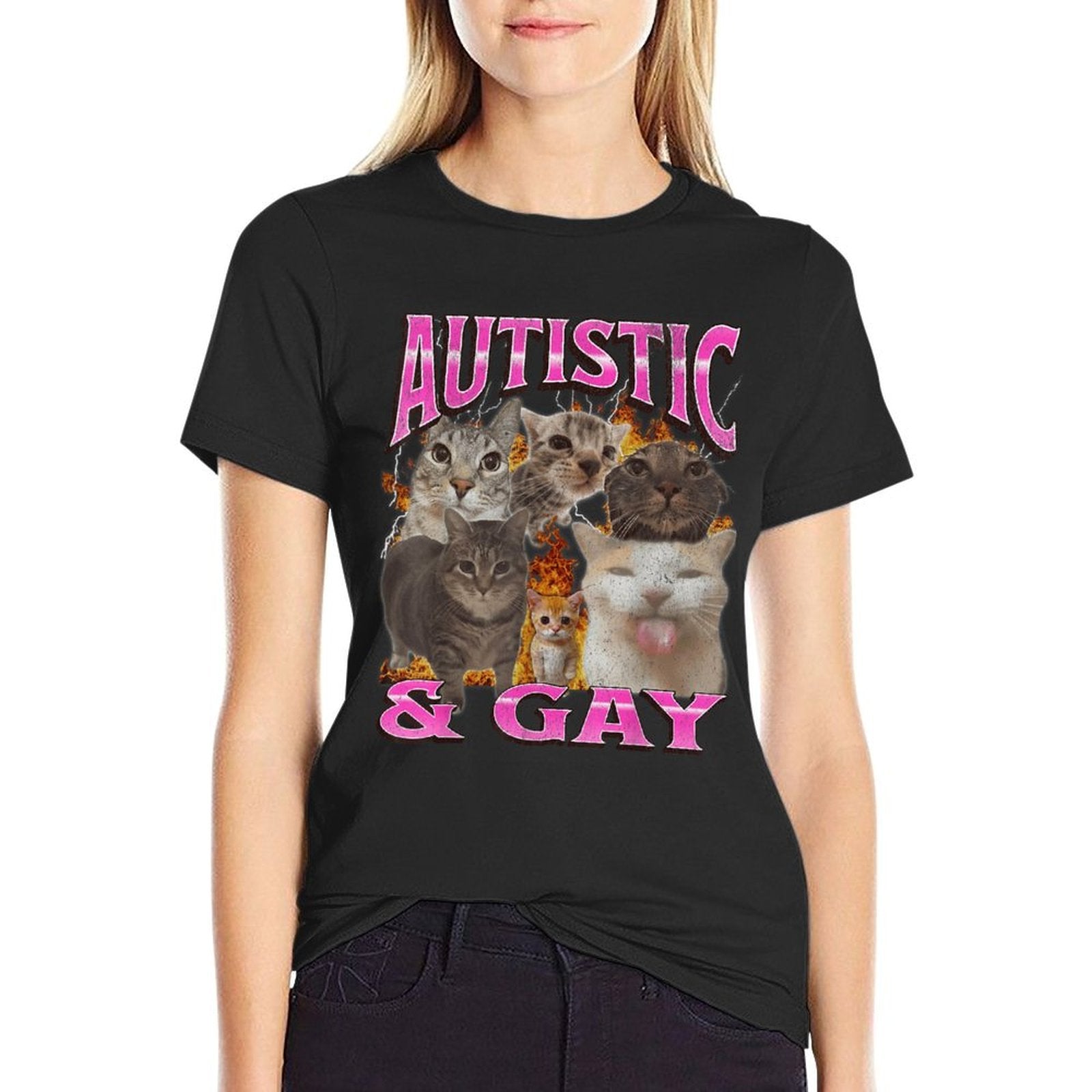 Autistic And Gay Funny Cat Meme Bootleg Graphic  Affordable Price T-Shirt