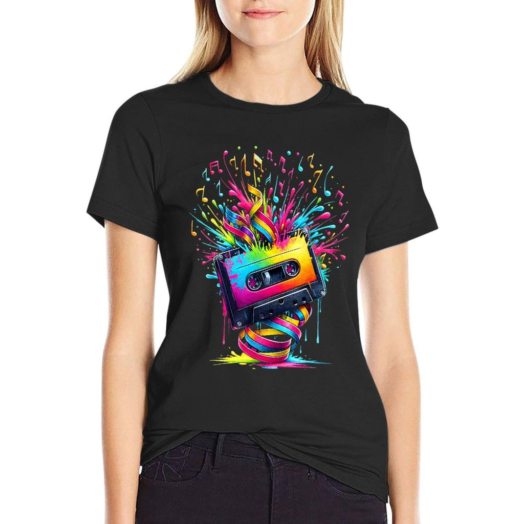 80s 90s Music Notes Cassette Tape Music  Fade-proof Color T-Shirt