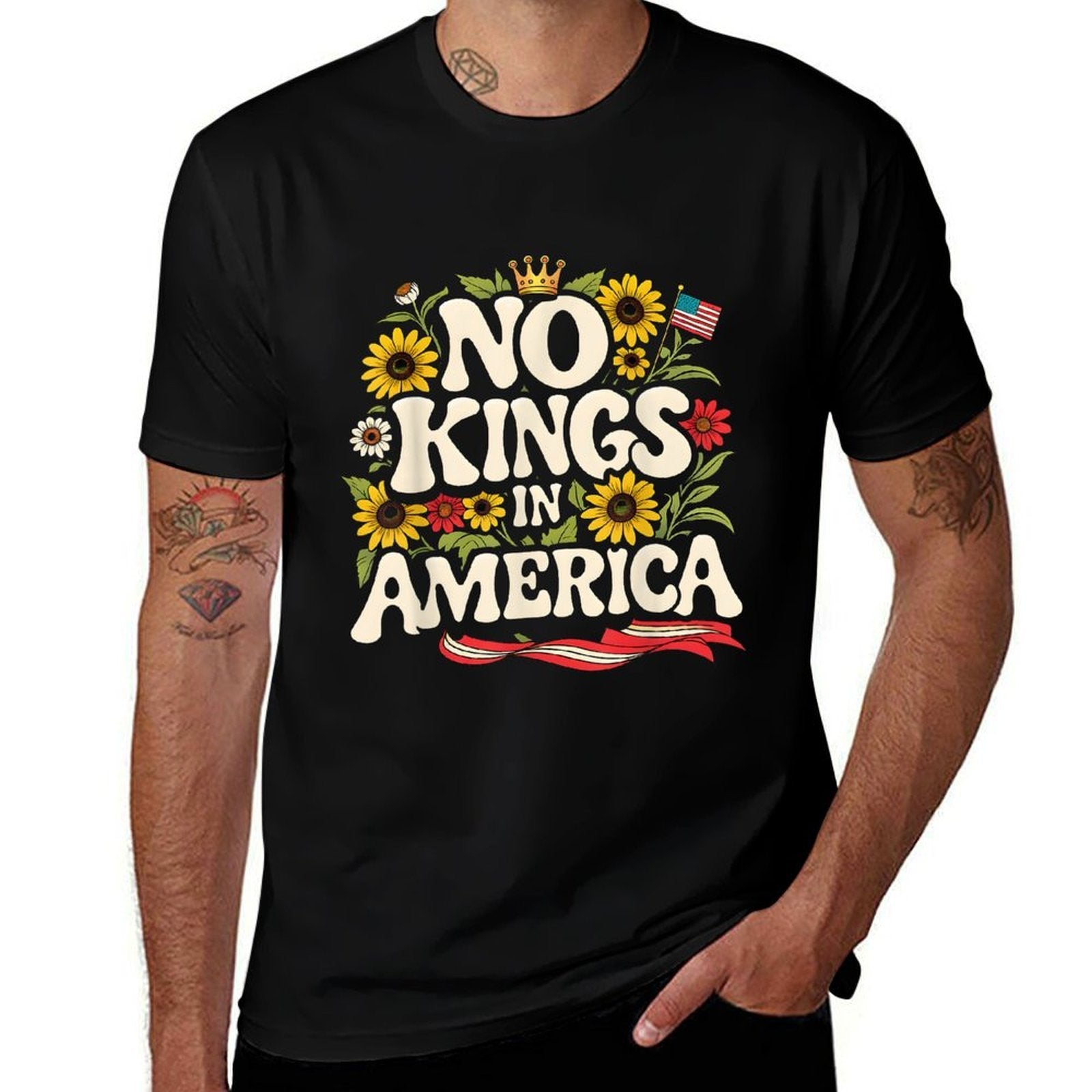 No Kings in America USA Vintage Floral 4th Of July Patriotic  Fade-proof Color T-Shirt