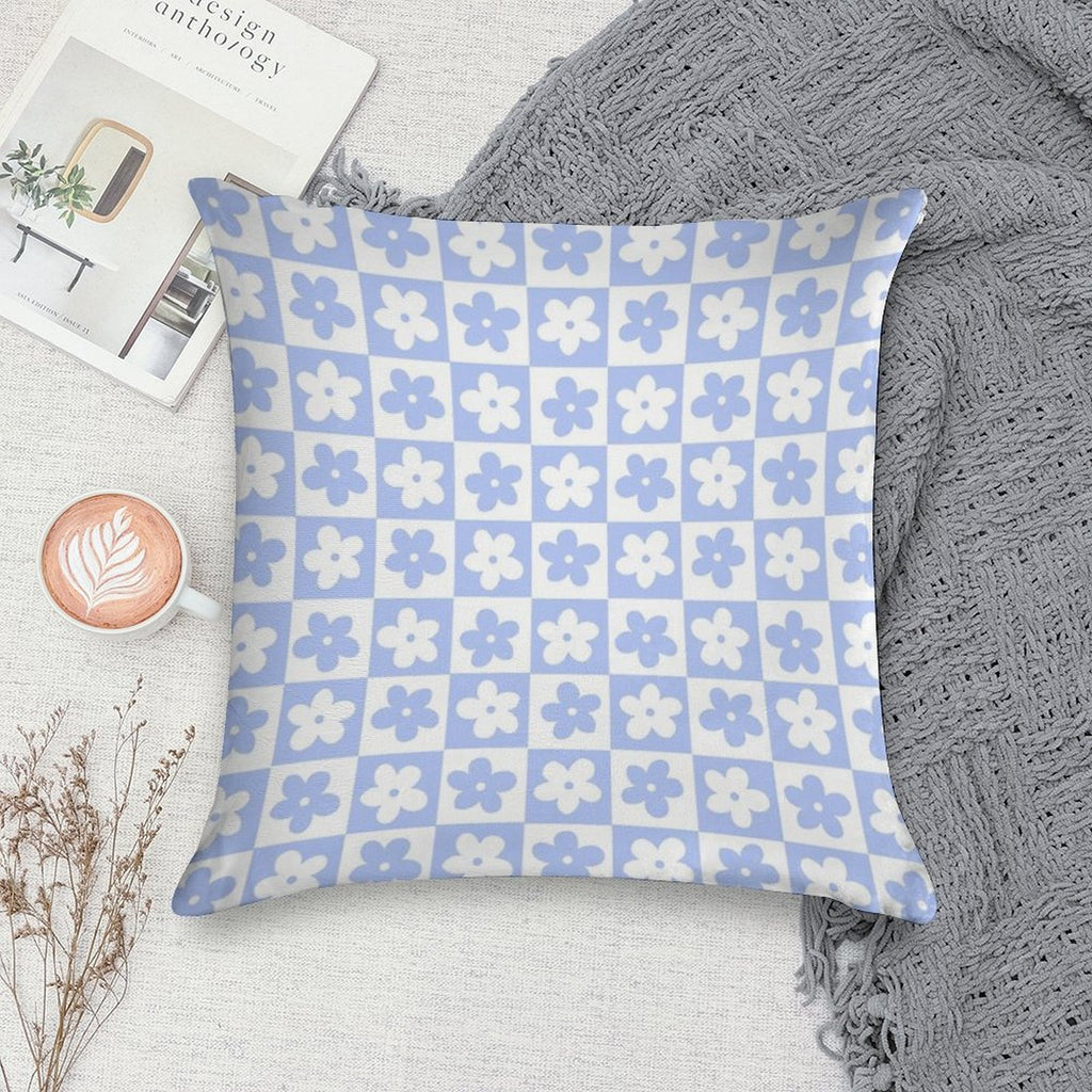 Periwinkle And White Checkered Squares with Flowers Soft Multiple Sizes Throw Pillow