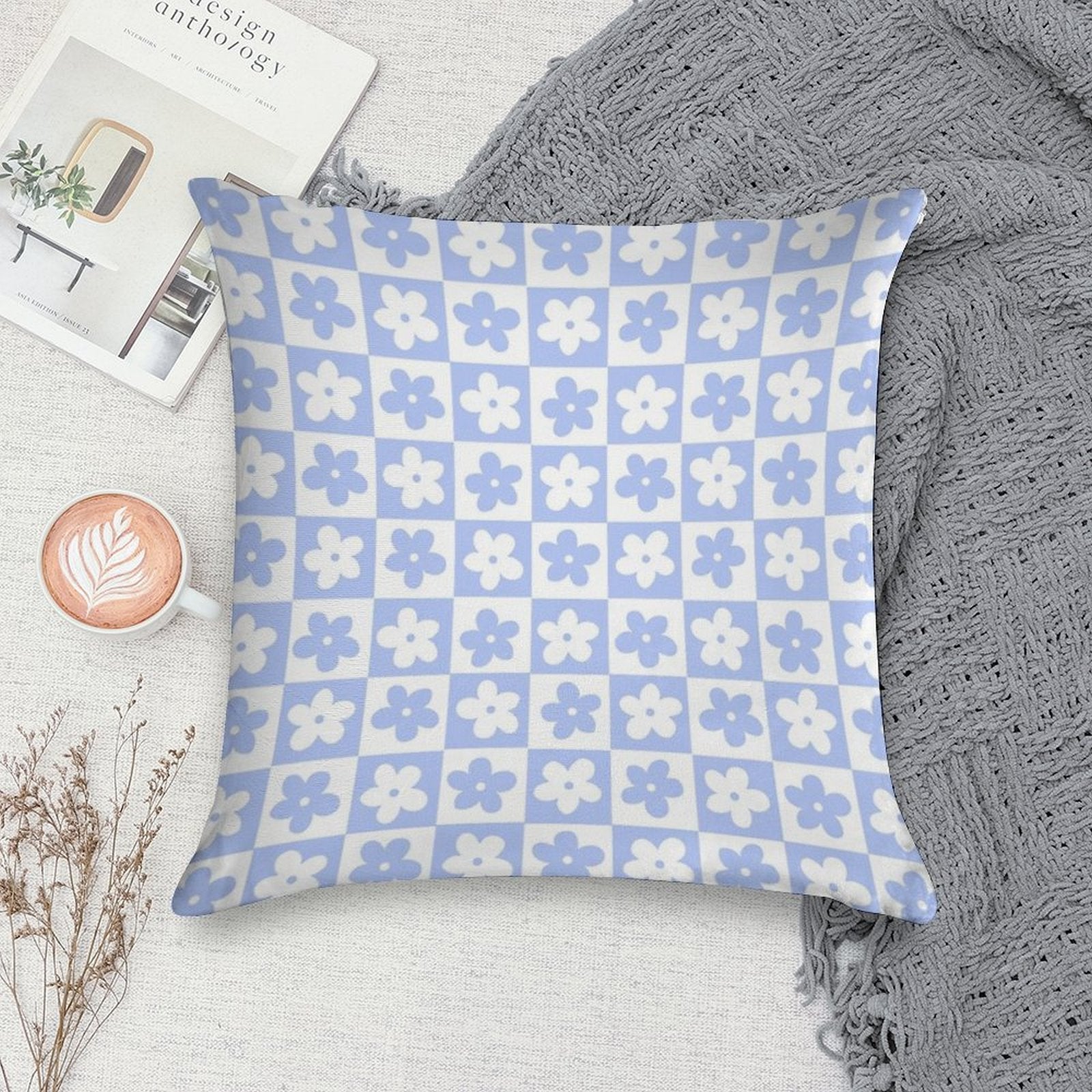 Periwinkle And White Checkered Squares with Flowers Soft Multiple Sizes Throw Pillow