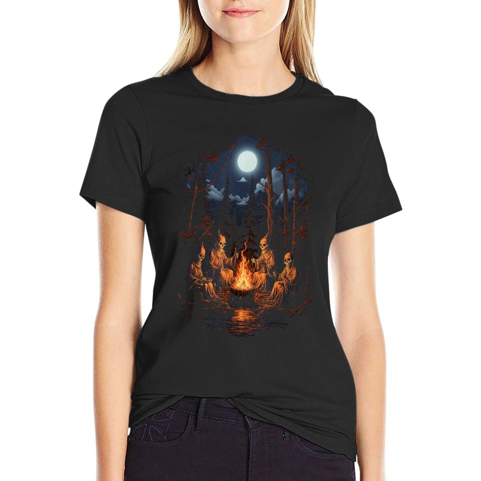 Vintage Ghost And Skeleton by Fire Camping Gothic Halloween  Wrinkle-resistant T-Shirt