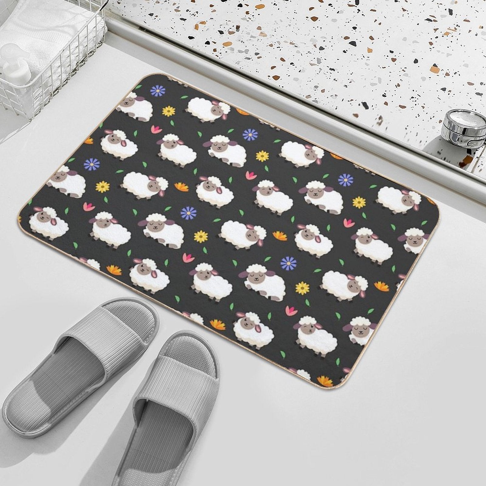 Sheeps And Flowers in Cartoon Style  Absorbent Bath Mat
