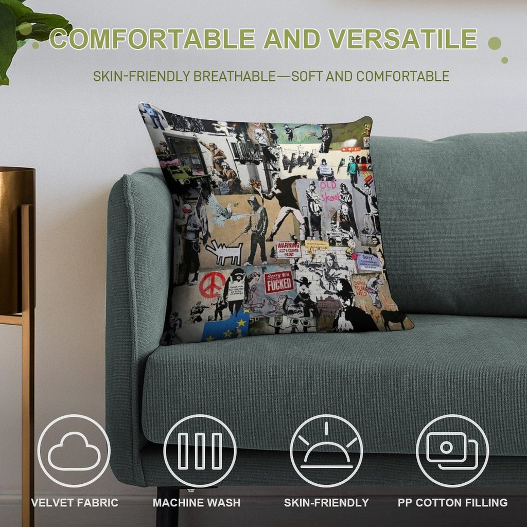 Banksy Collage Soft Washable Throw Pillow