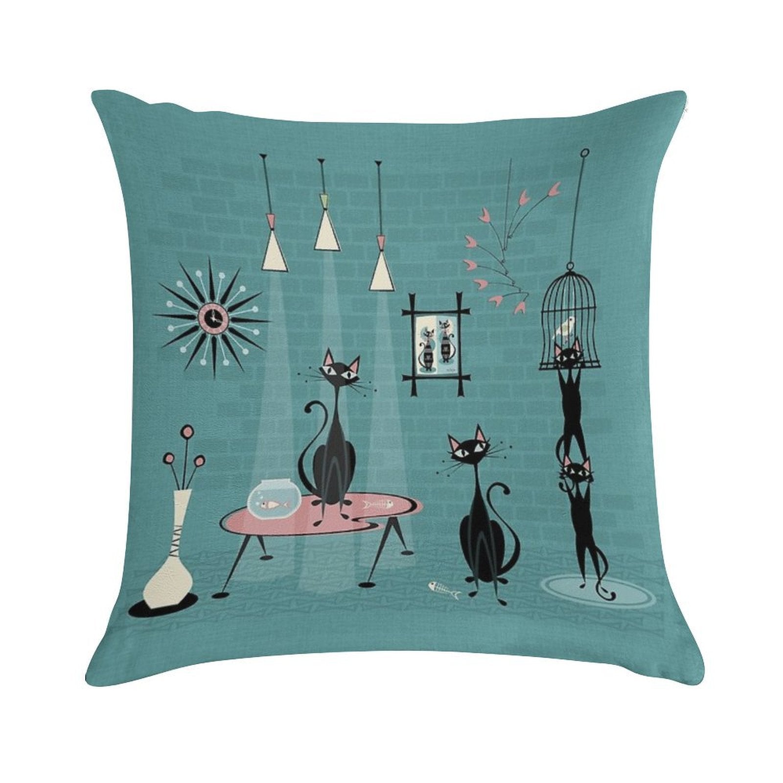 Mid Century Kitty Mischief III ©studioxtine Soft Warmth Comfort Throw Pillow