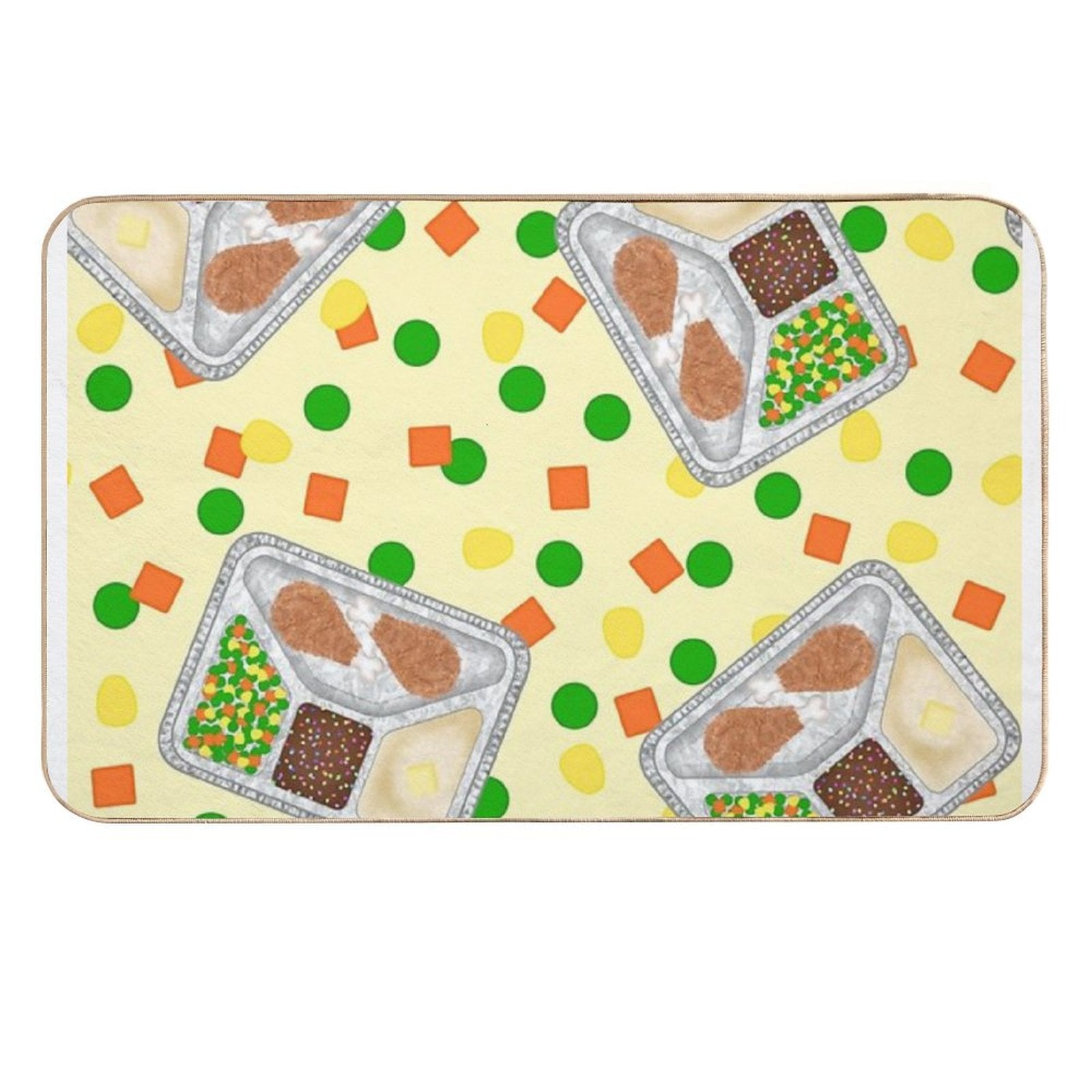Retro 80’s TV Dinner Tray Food Fried Chicken Peas Corn Carrots On Light Pastel Yellow  Dirt-Trapping Bath Mat