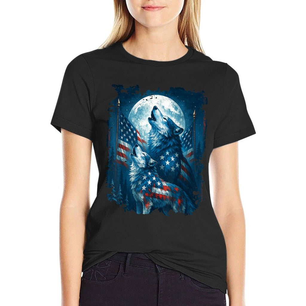 4th of July American Wolf Howling Moon Wolves July 4th  Tagless Design T-Shirt