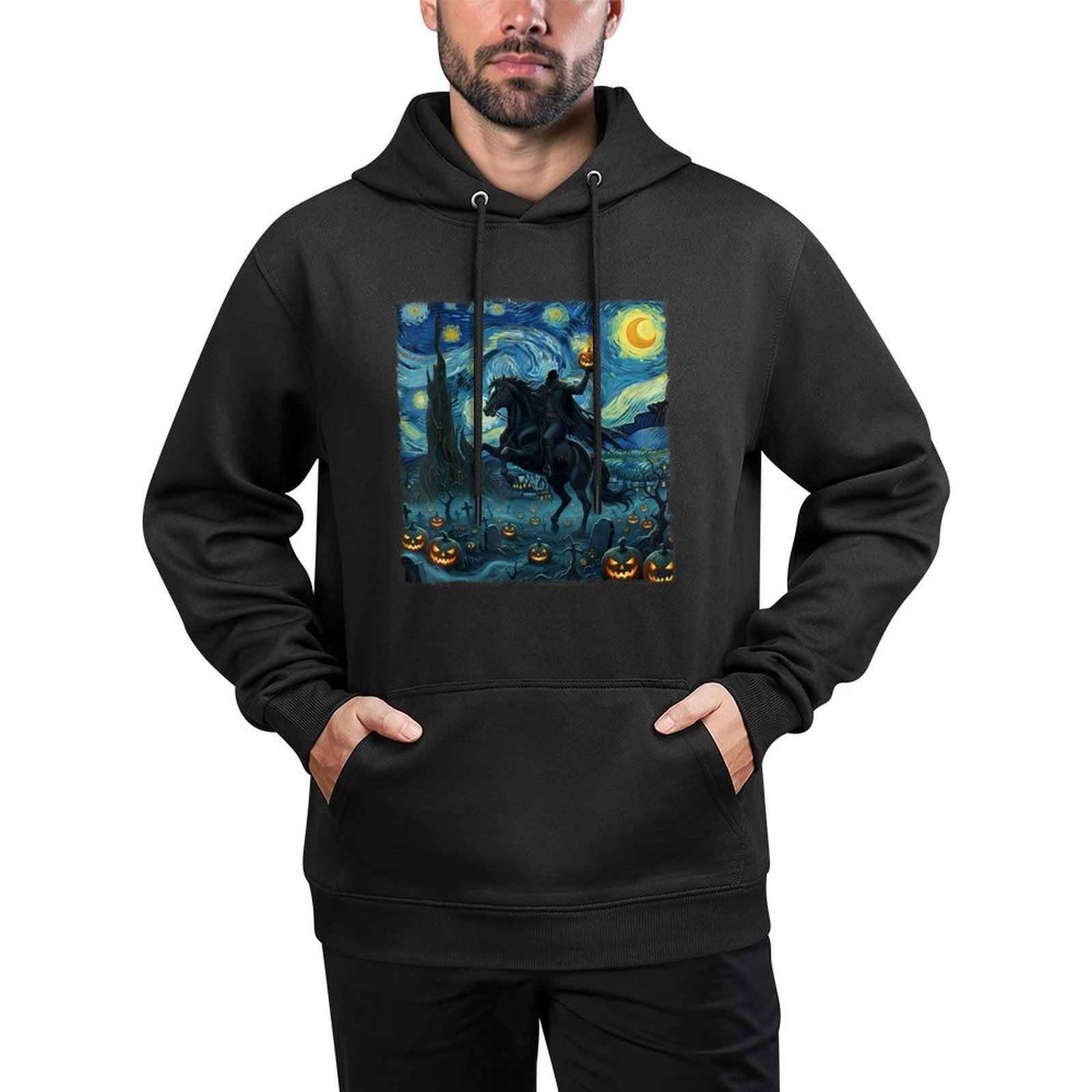 Scary Pumpkin Headless Horseman Halloween Starry Night Cotton-Polyester Blend Hoodie