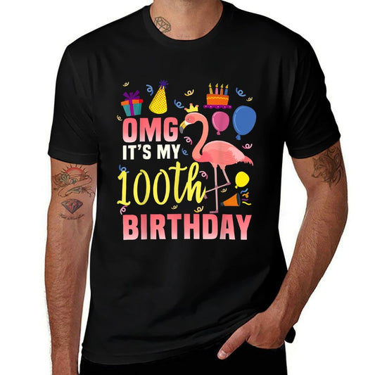 100 Year Old Women Men Gift Flamingo It's My 100th Birthday  Ribbed Collar T-Shirt